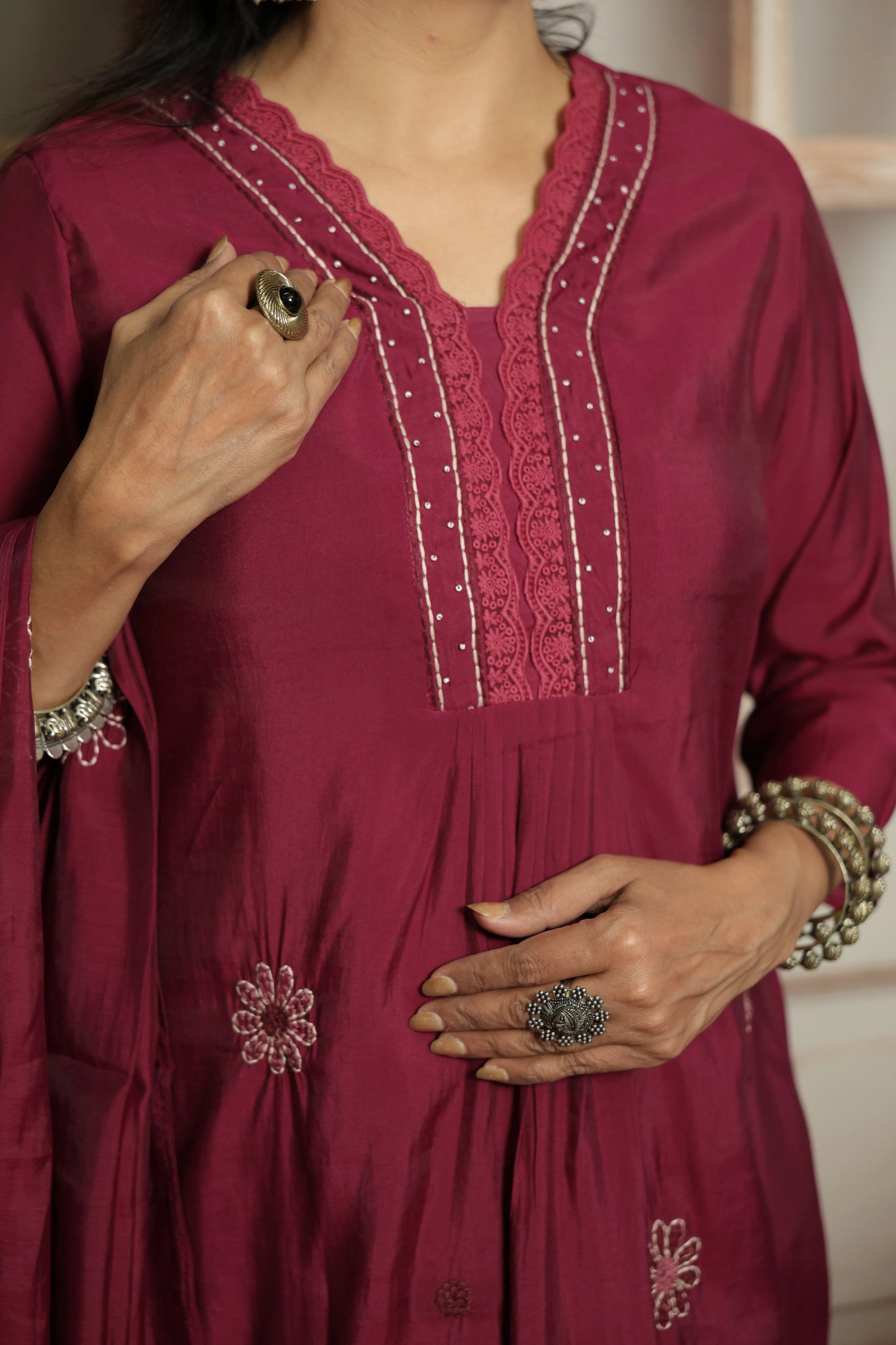 Magenta Muslin Kurti Dupatta Set | Embroidery & Lace Detailing
