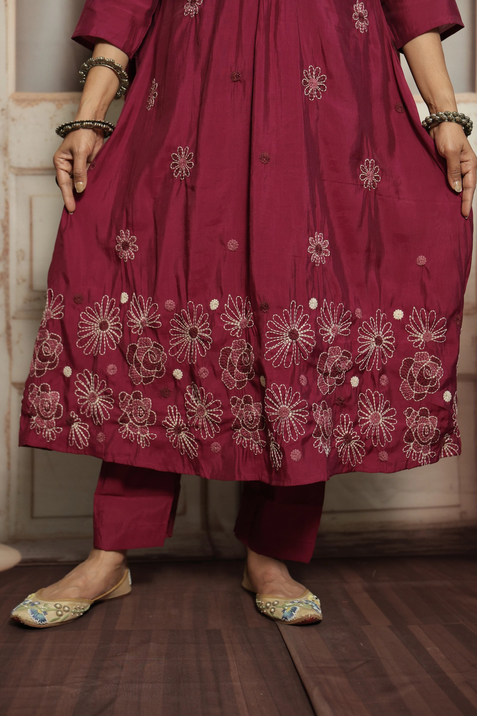 Magenta Muslin Kurti Dupatta Set | Embroidery & Lace Detailing