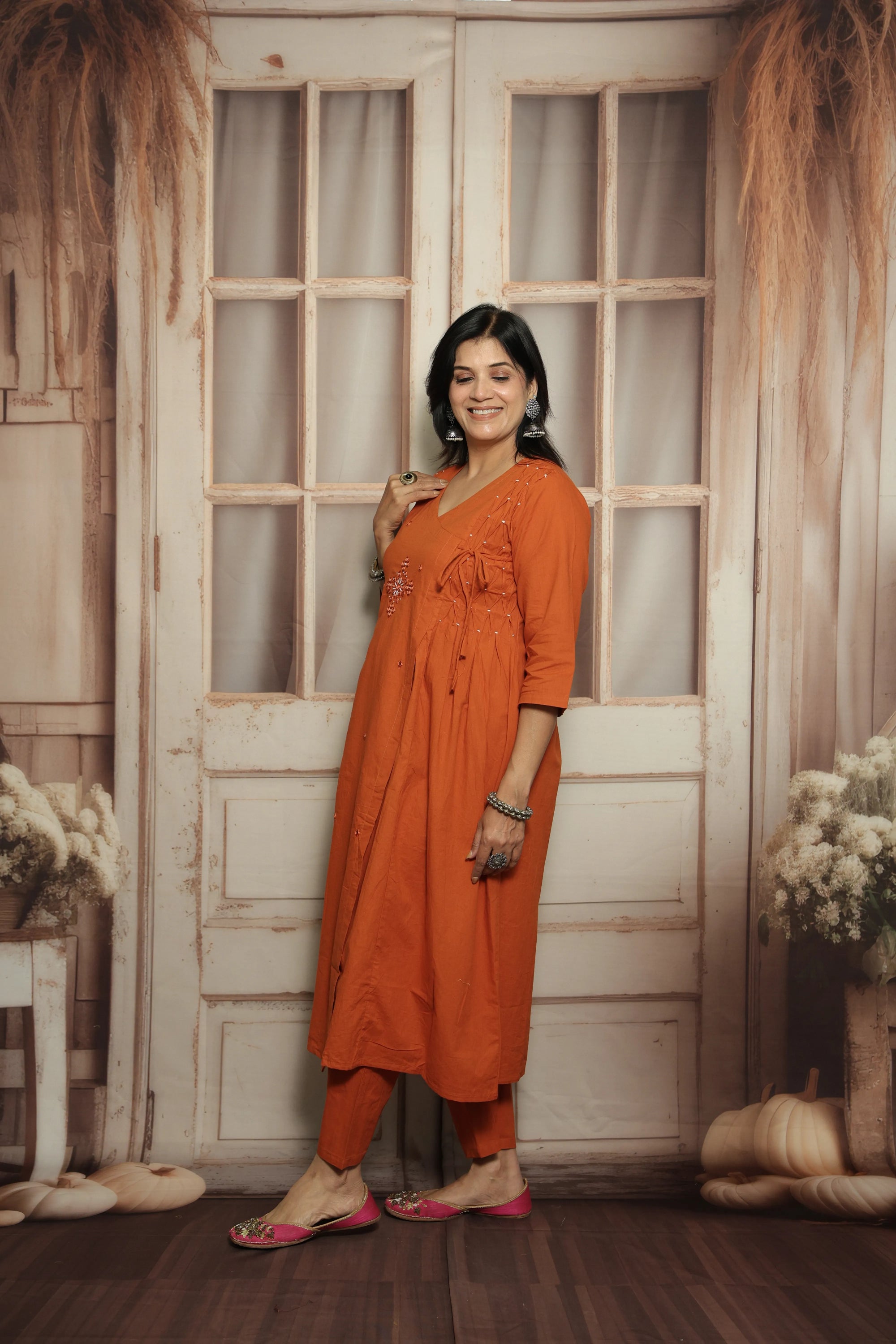 Burnt Orange Cotton Kurti Pant Set | Mirror Embroidery & Hand Work Detailing