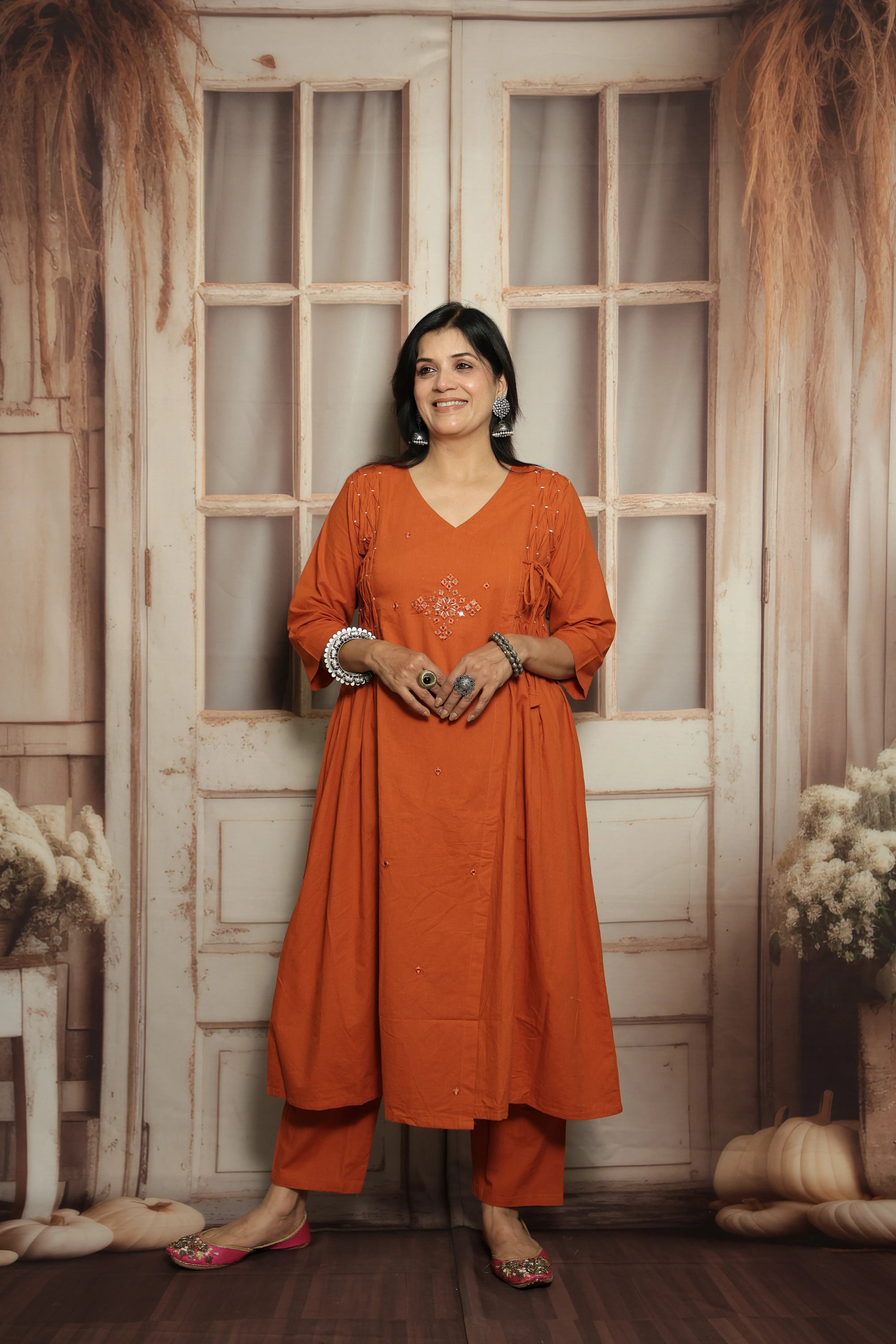 Burnt Orange Cotton Kurti Pant Set | Mirror Embroidery & Hand Work Detailing