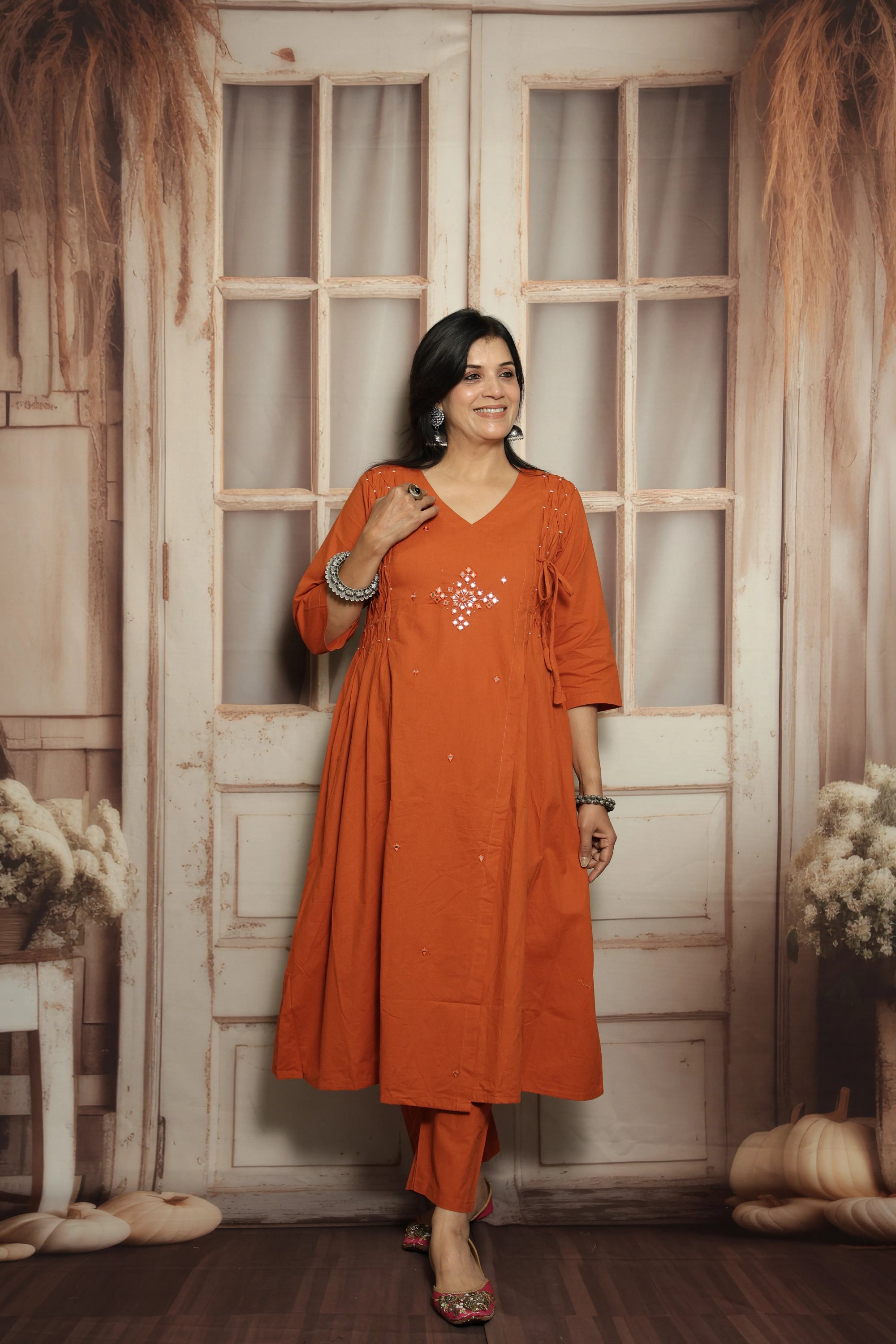 Burnt Orange Cotton Kurti Pant Set | Mirror Embroidery & Hand Work Detailing
