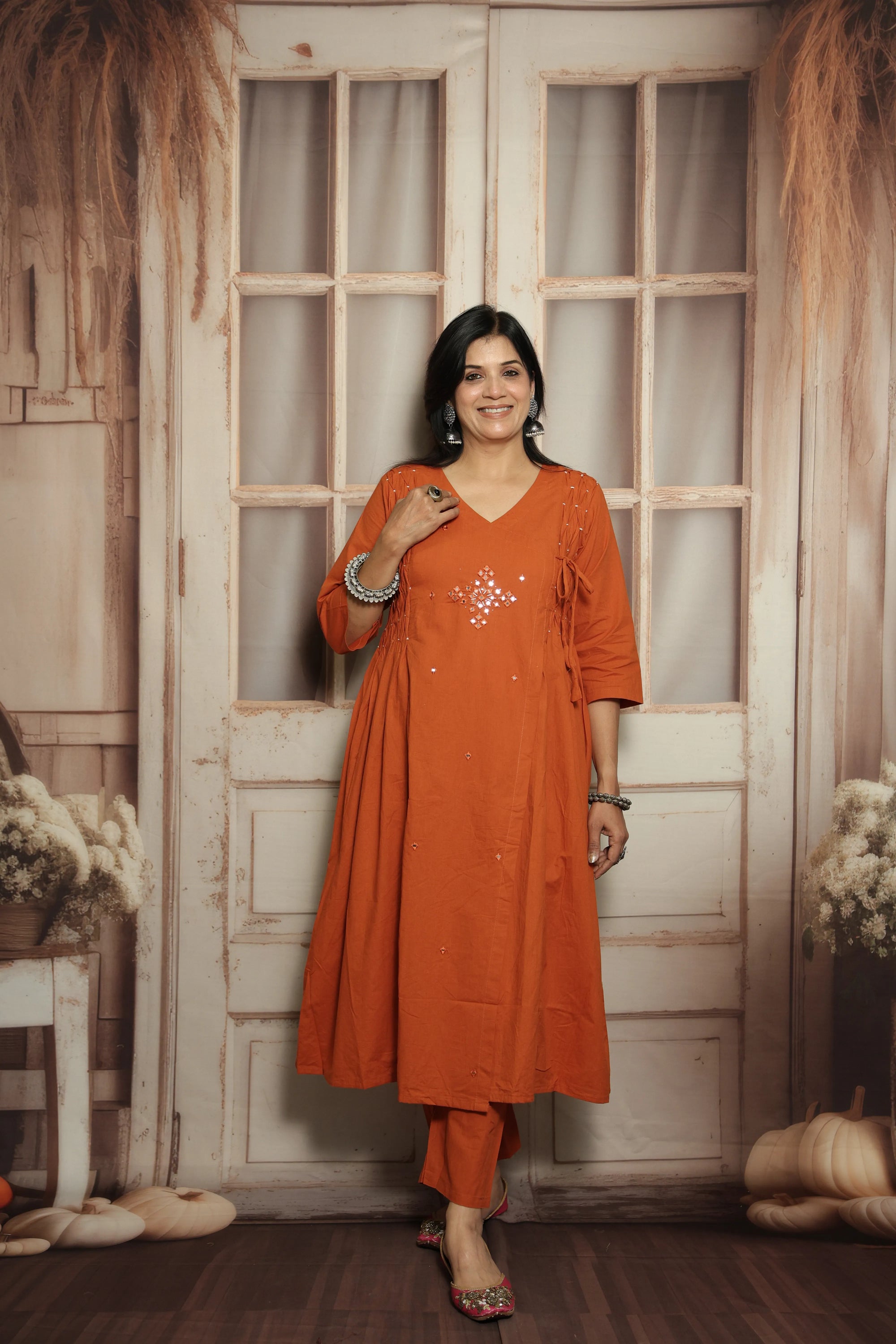 Burnt Orange Cotton Kurti Pant Set | Mirror Embroidery & Hand Work Detailing