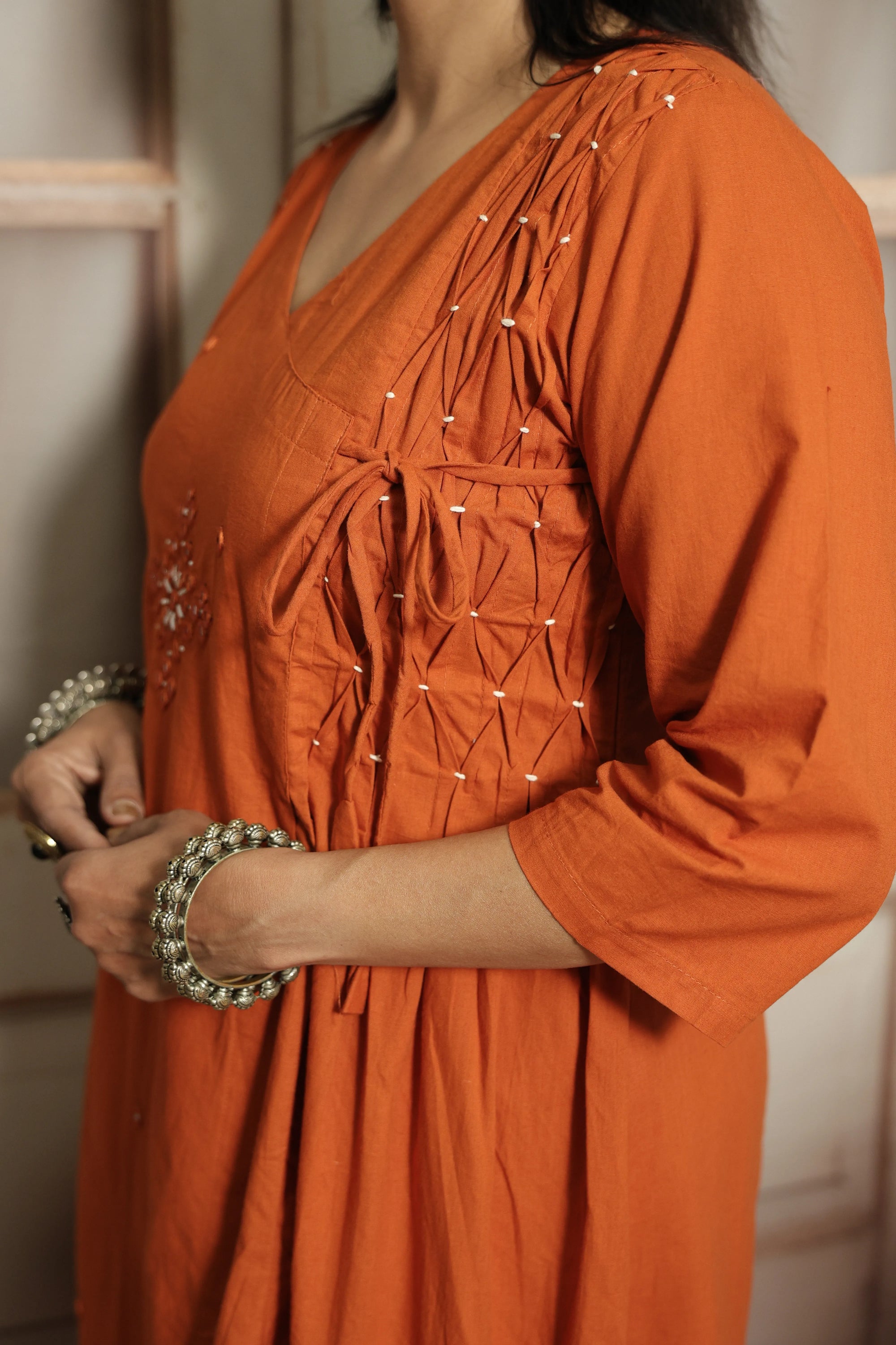 Burnt Orange Cotton Kurti Pant Set | Mirror Embroidery & Hand Work Detailing