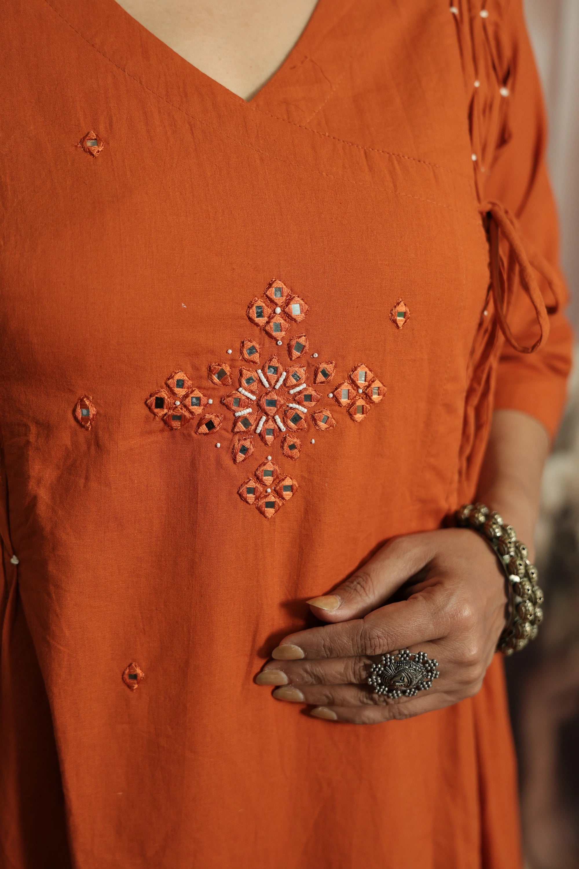 Burnt Orange Cotton Kurti Pant Set | Mirror Embroidery & Hand Work Detailing