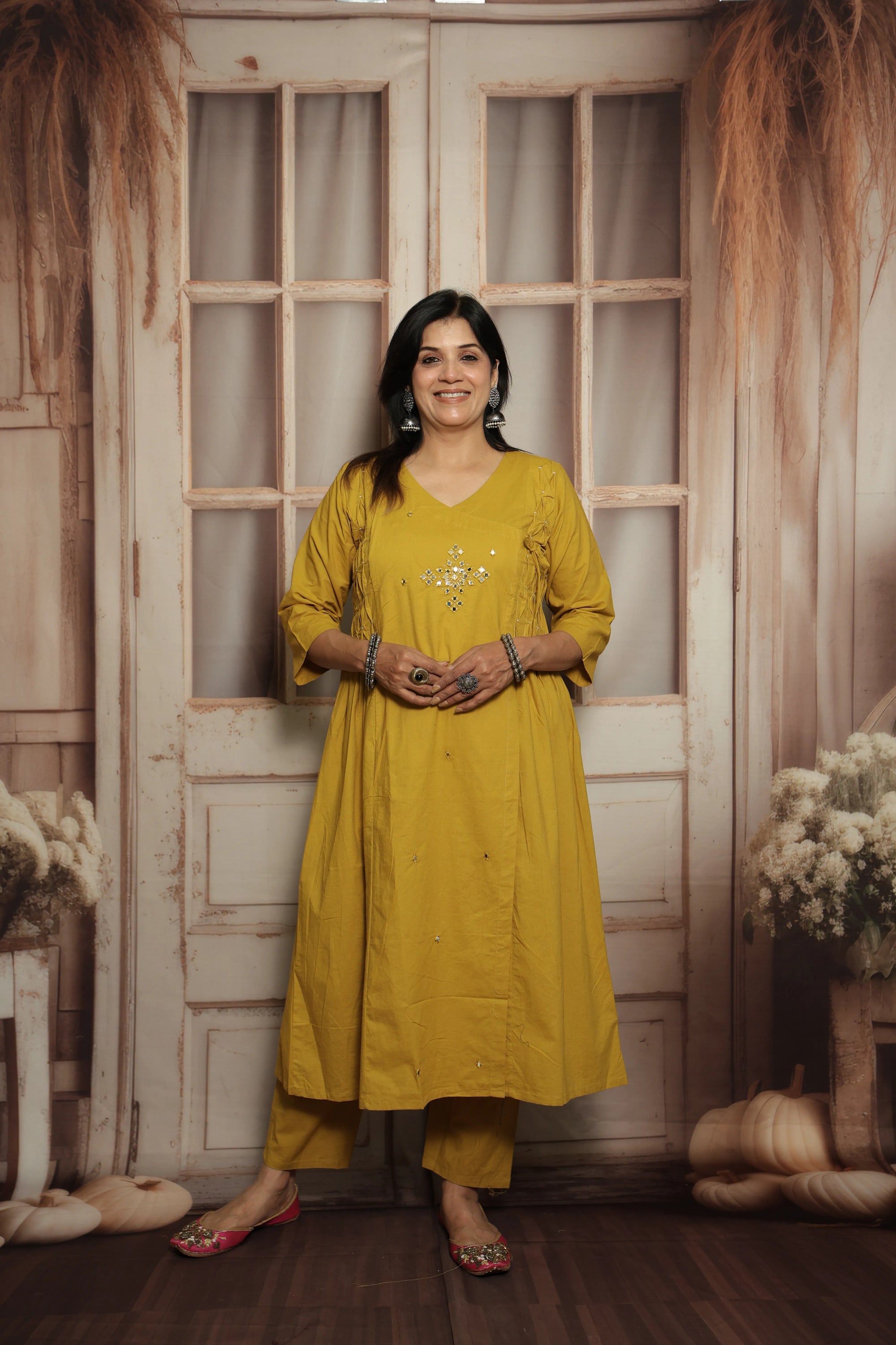 Mustard Yellow Cotton Kurti Pant Set | Mirror Embroidery & Hand Work Detailing