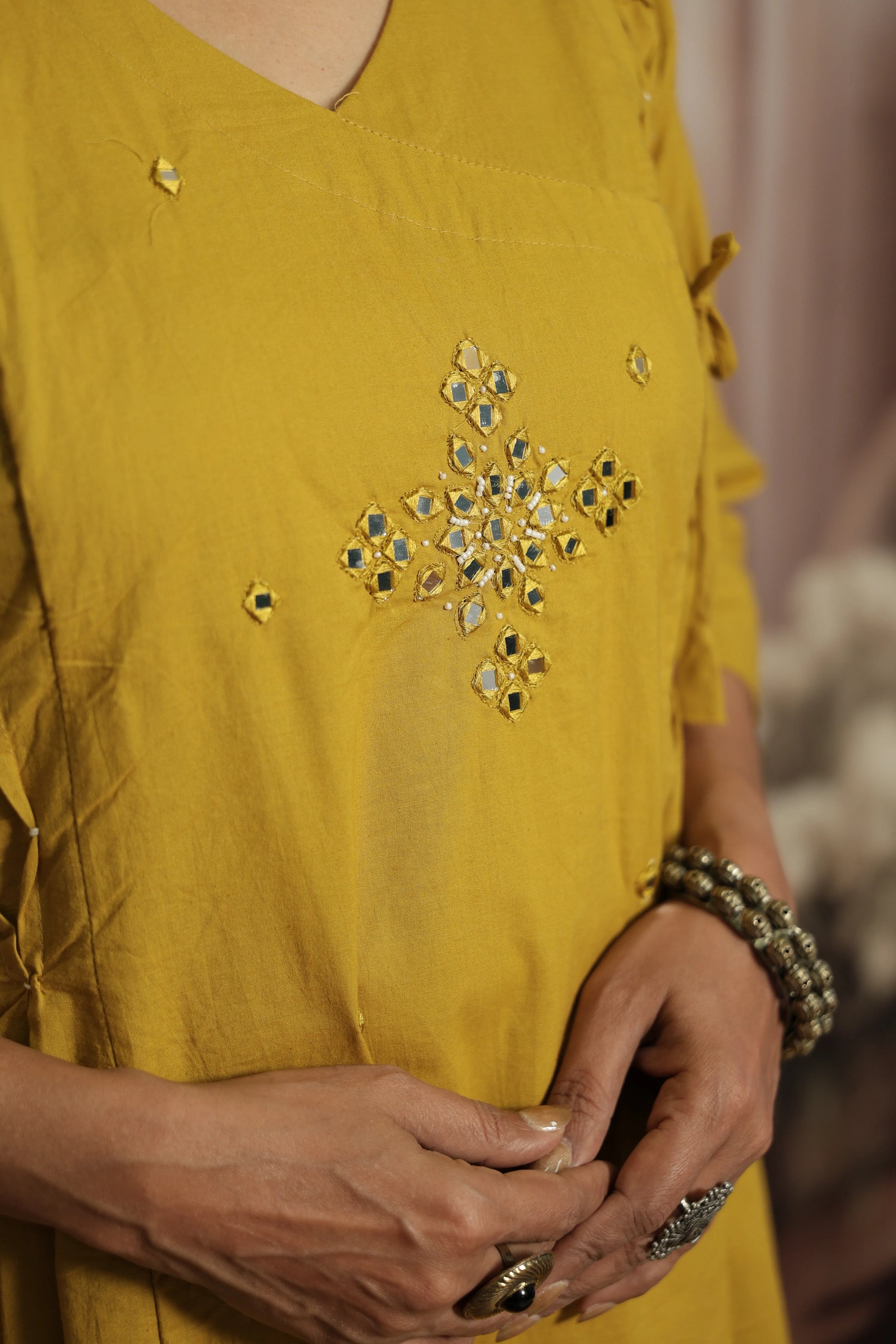 Mustard Yellow Cotton Kurti Pant Set | Mirror Embroidery & Hand Work Detailing
