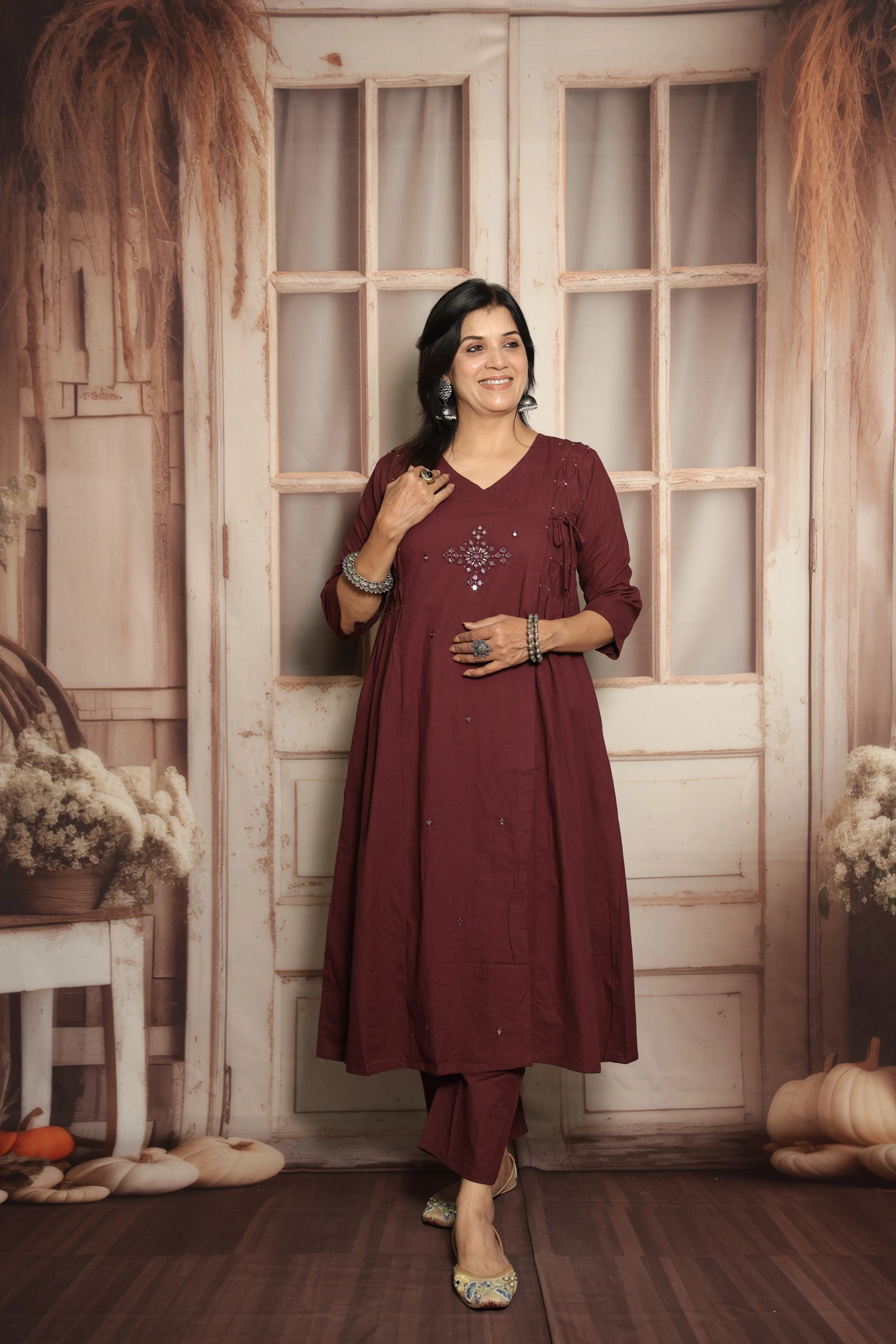 Dark Wine Cotton Kurti Pant Set | Mirror Embroidery & Hand Work Detailing