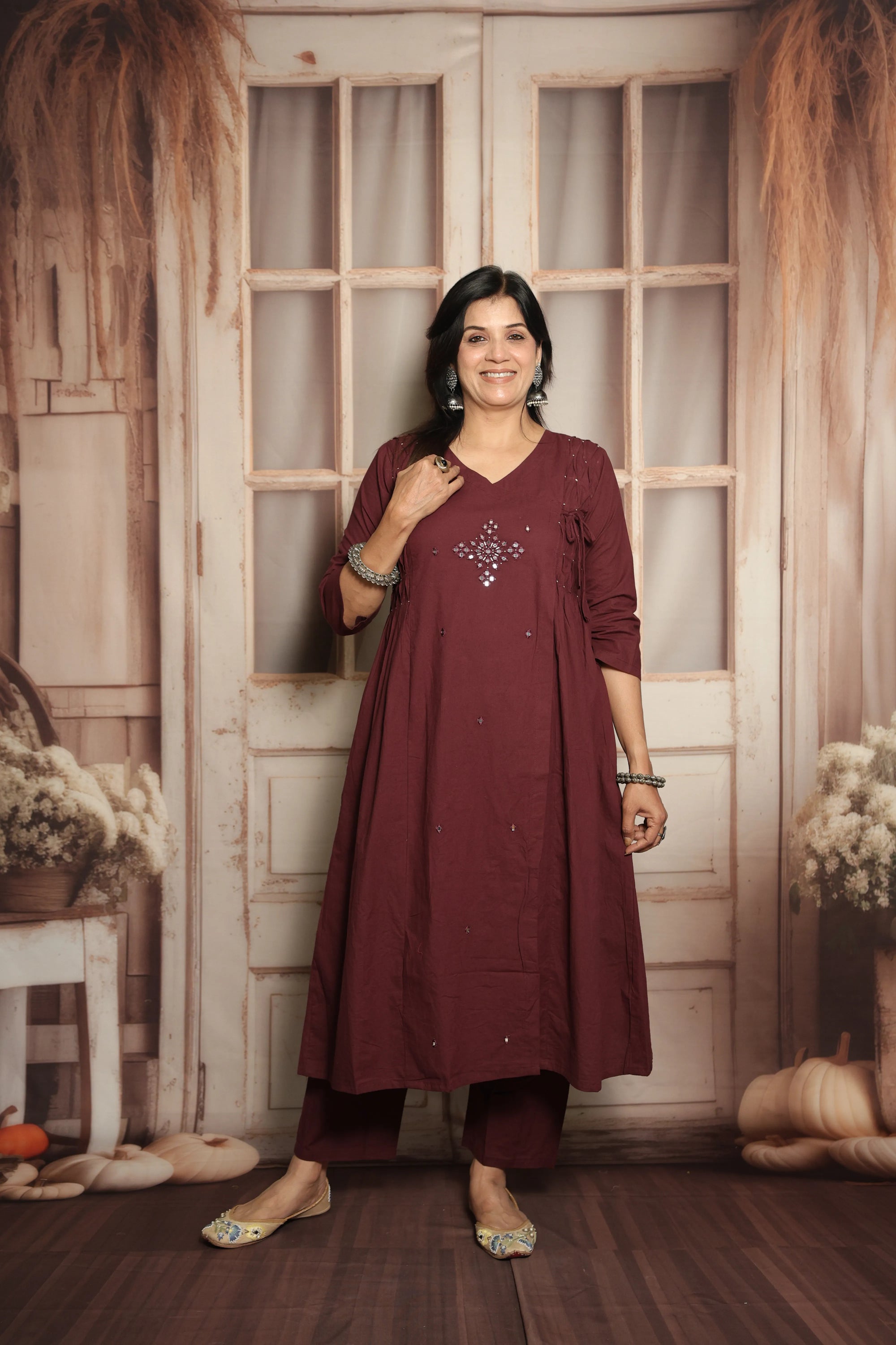 Dark Wine Cotton Kurti Pant Set | Mirror Embroidery & Hand Work Detailing