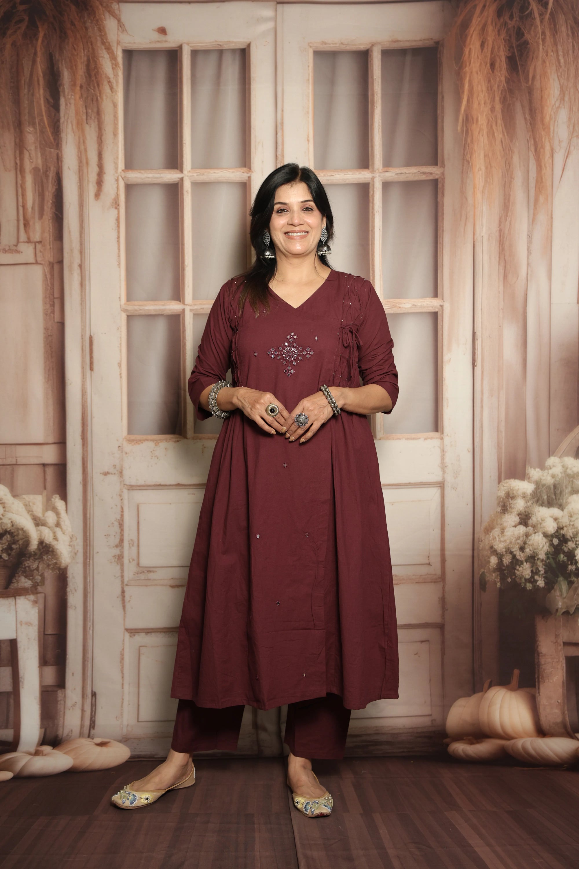 Dark Wine Cotton Kurti Pant Set | Mirror Embroidery & Hand Work Detailing