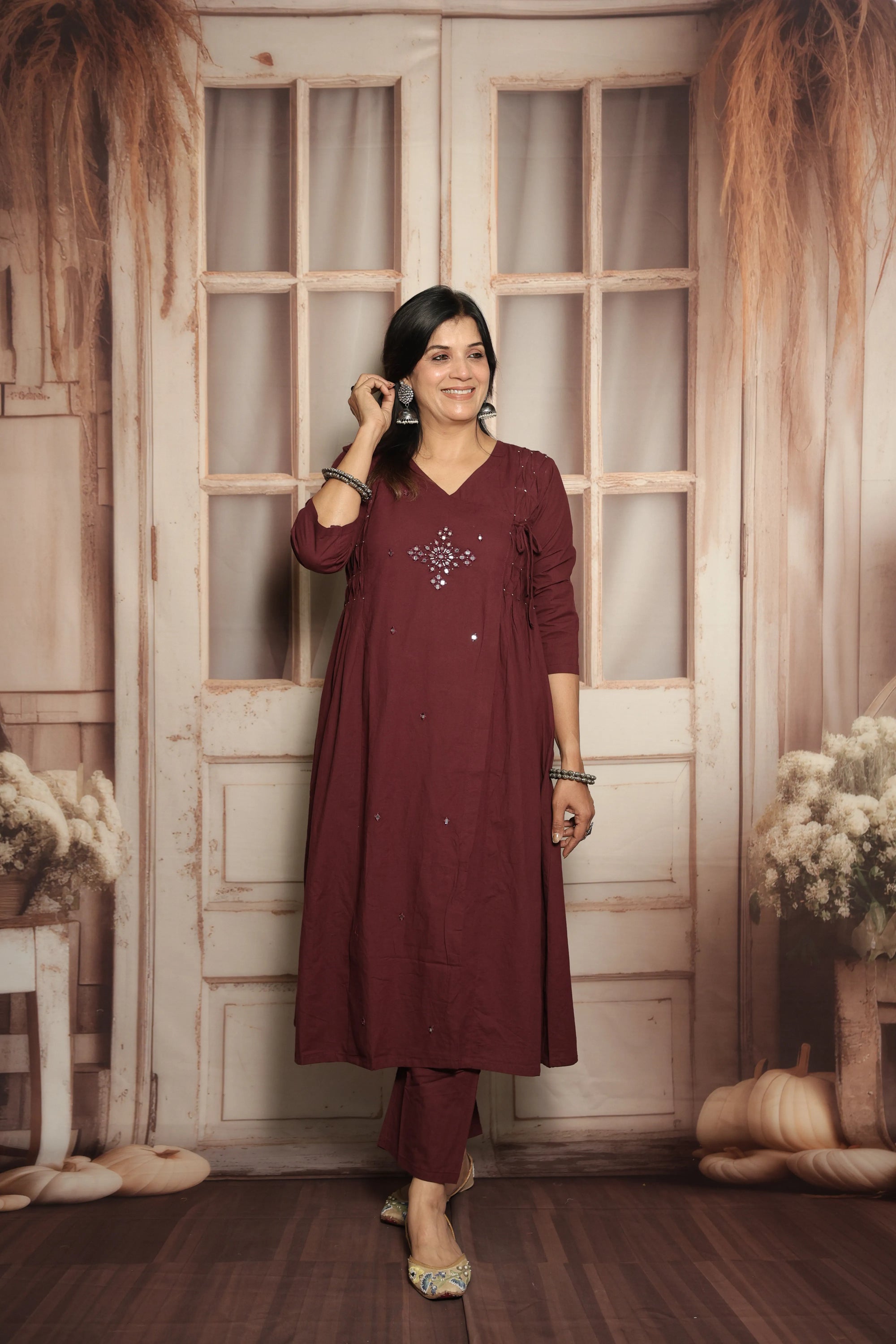 Dark Wine Cotton Kurti Pant Set | Mirror Embroidery & Hand Work Detailing