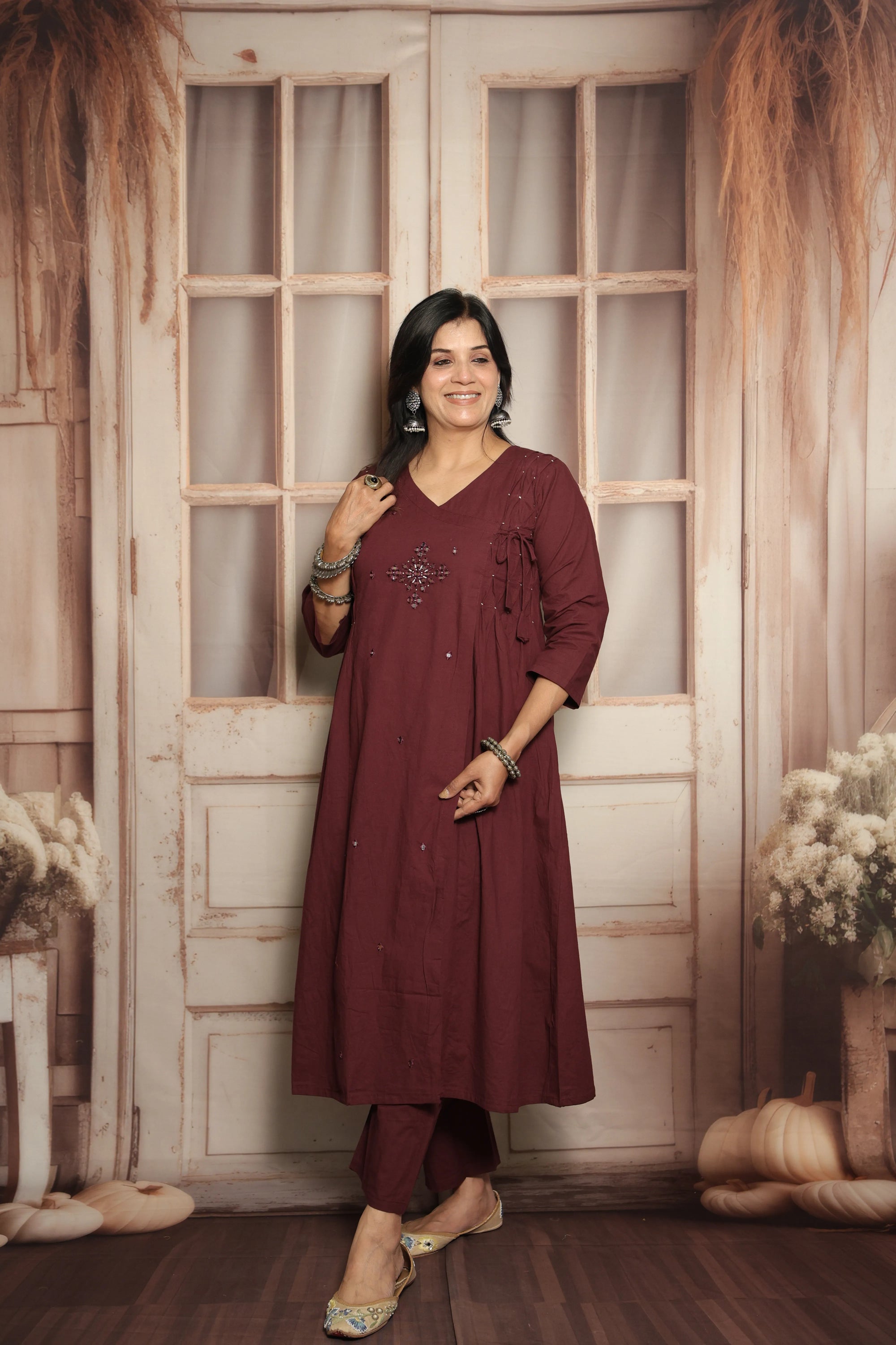Dark Wine Cotton Kurti Pant Set | Mirror Embroidery & Hand Work Detailing