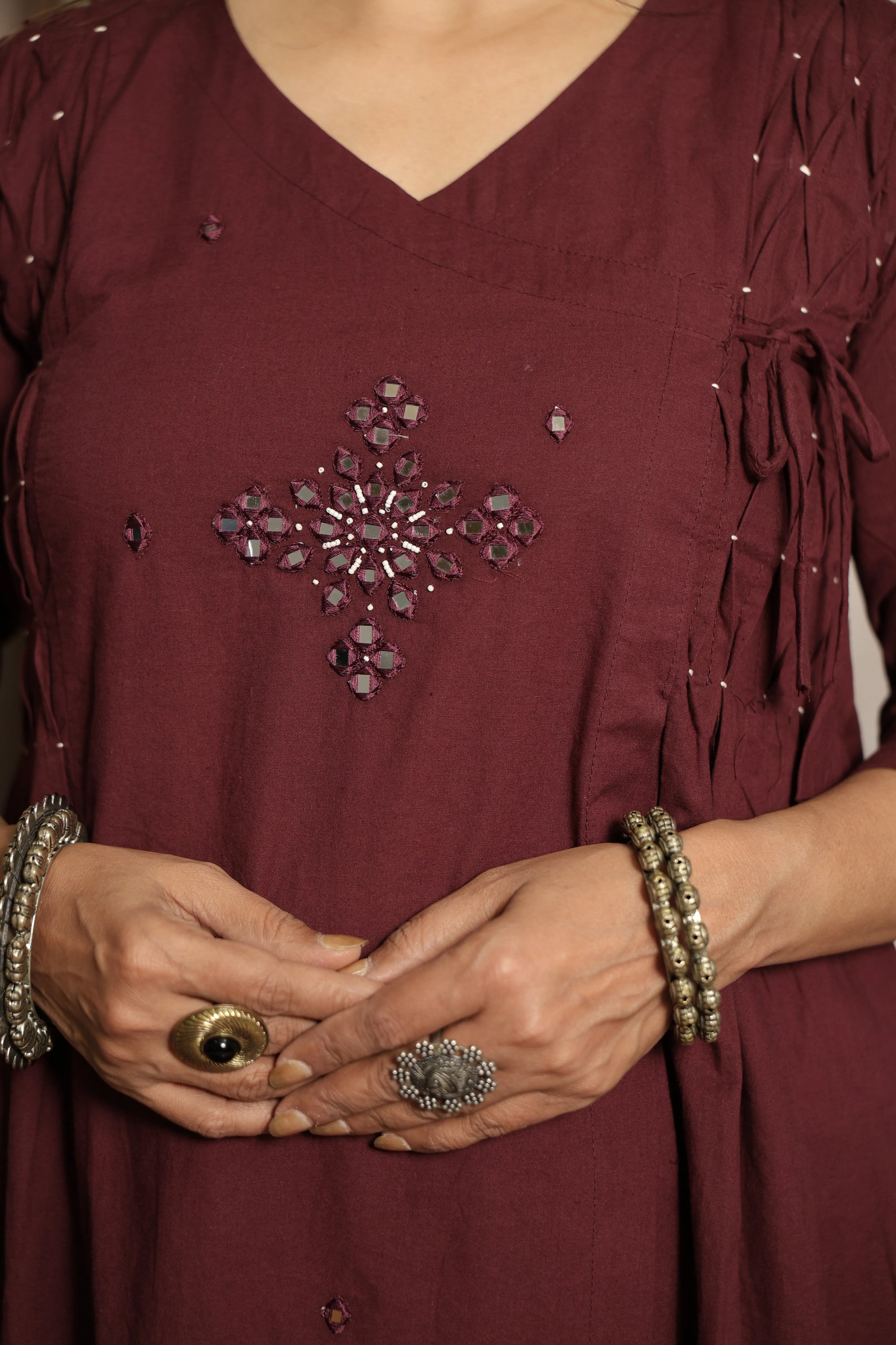Dark Wine Cotton Kurti Pant Set | Mirror Embroidery & Hand Work Detailing