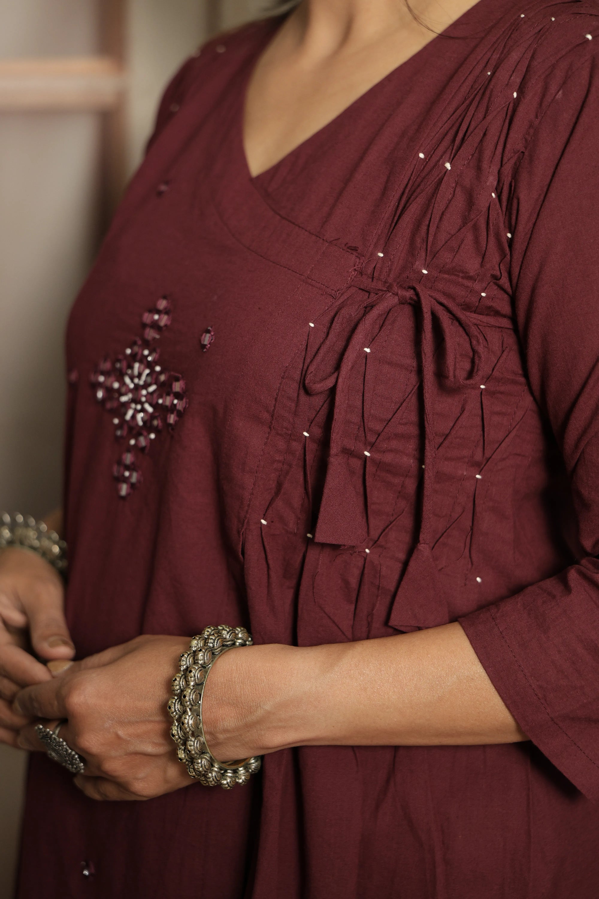 Dark Wine Cotton Kurti Pant Set | Mirror Embroidery & Hand Work Detailing