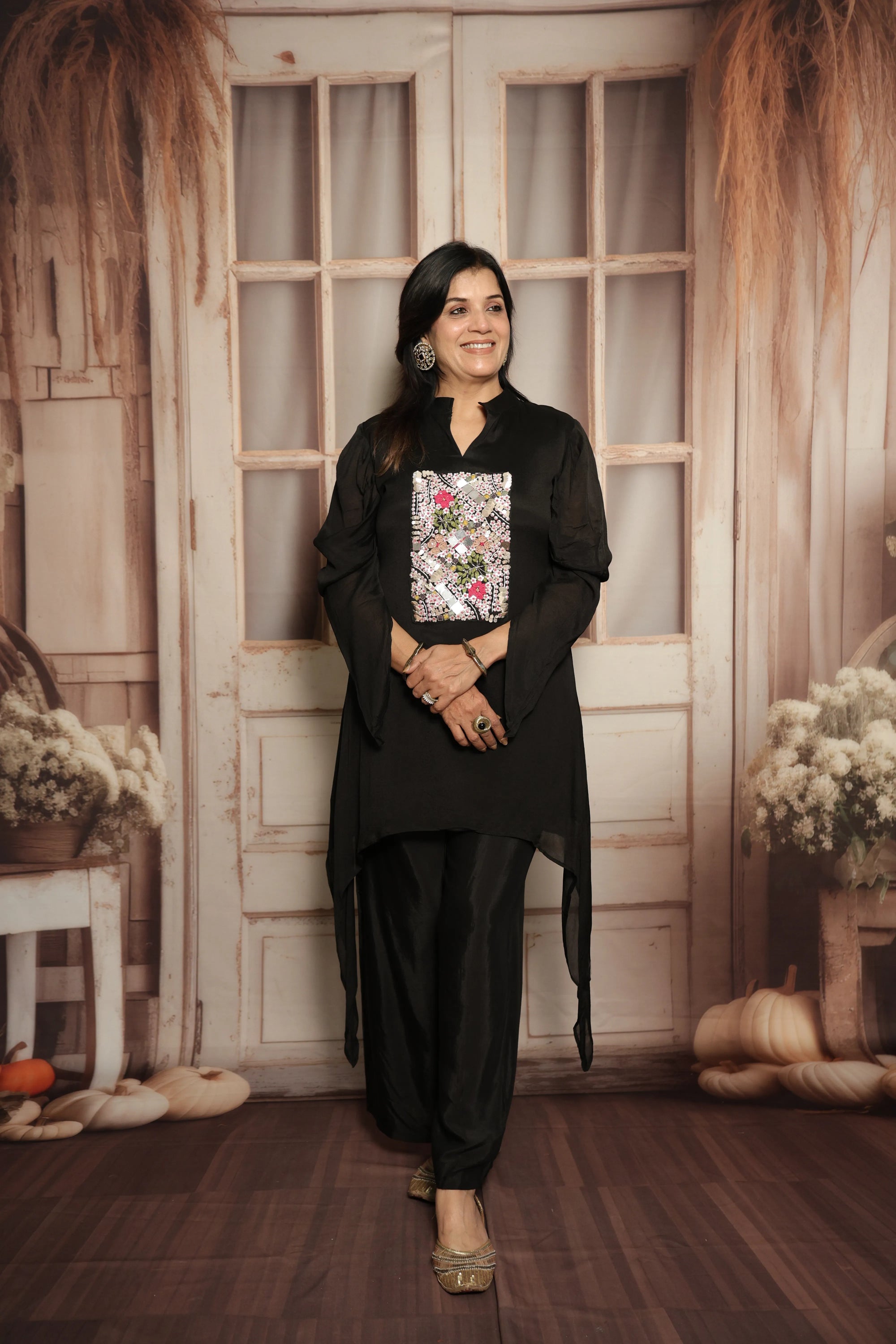 Black Tell Cut Co-ord Set | Premium Imported Work | Stylish Chiffon Co-ord Set