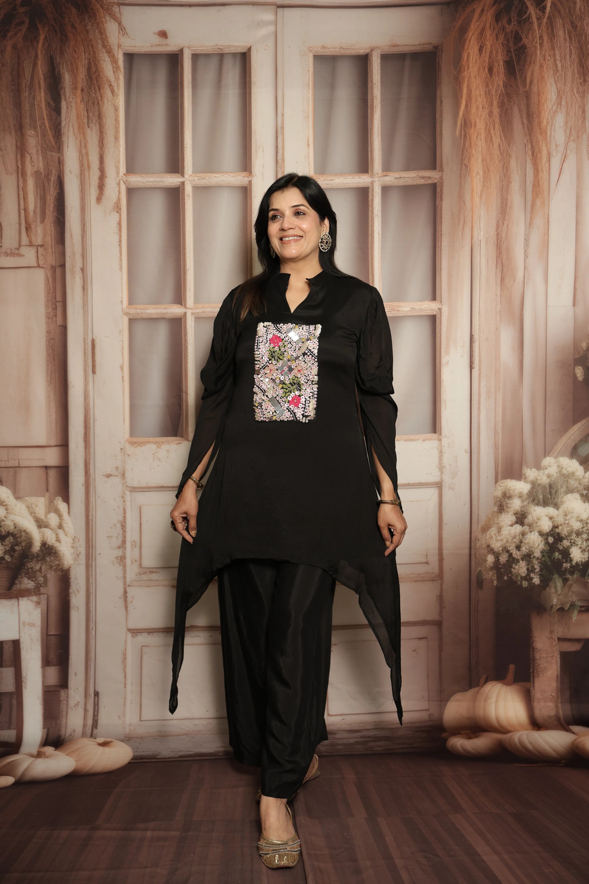Black Tell Cut Co-ord Set | Premium Imported Work | Stylish Chiffon Co-ord Set