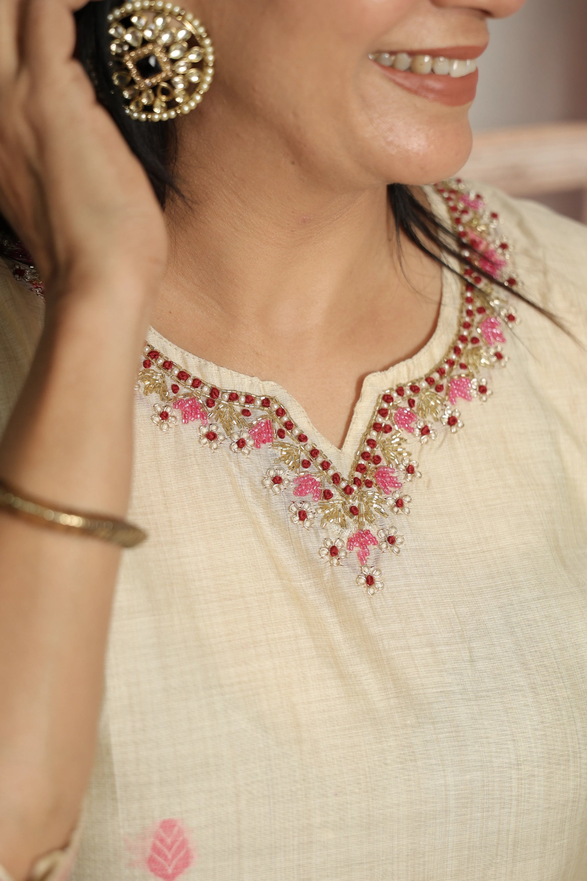 Pastel Ivory Banarasi Kurta Dupatta Set | Thread & Pearls Embroidery