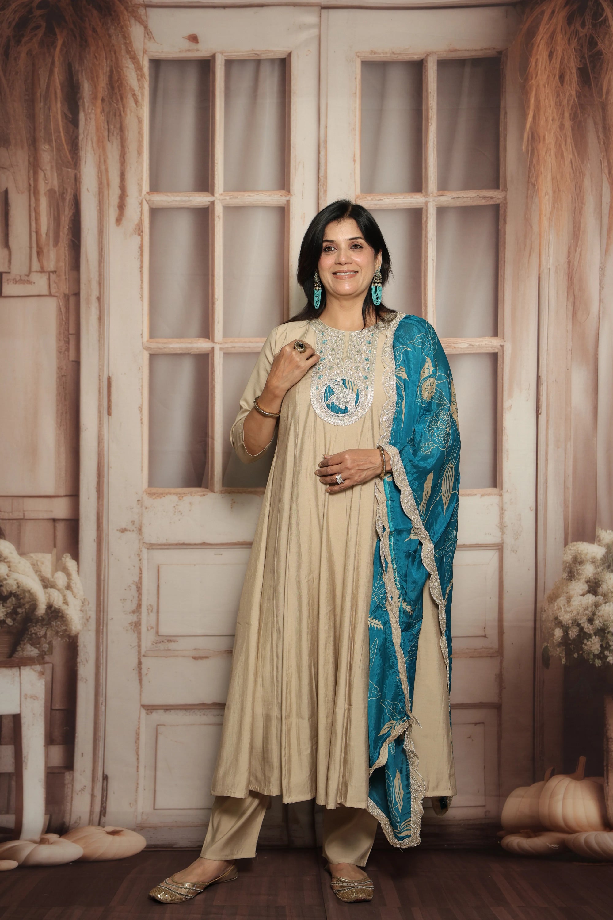 Bone A-Line Kurta with Printed Dupatta Set | Muslin Silk | Sequins, Thread & Zari Work
