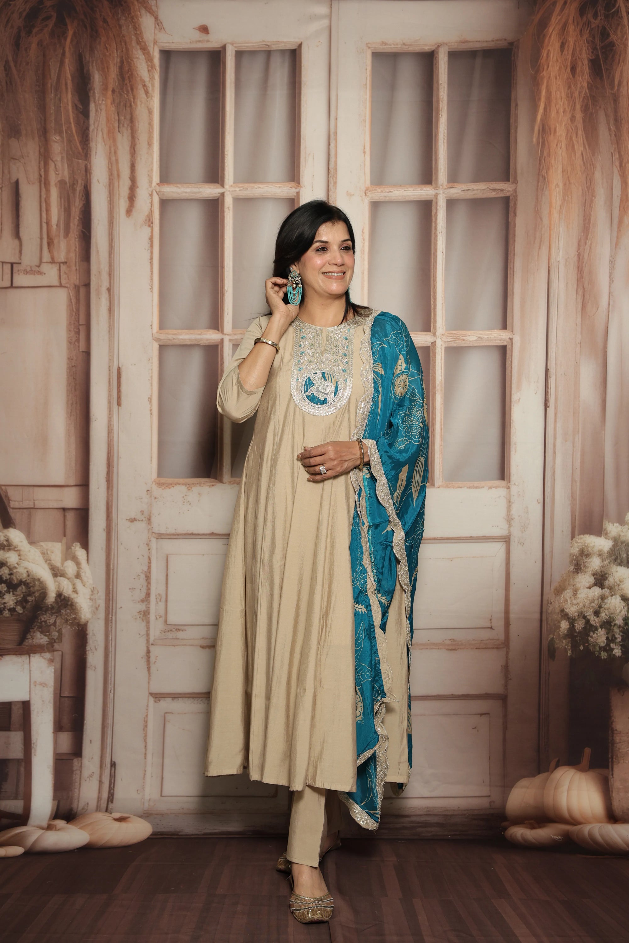 Bone A-Line Kurta with Printed Dupatta Set | Muslin Silk | Sequins, Thread & Zari Work