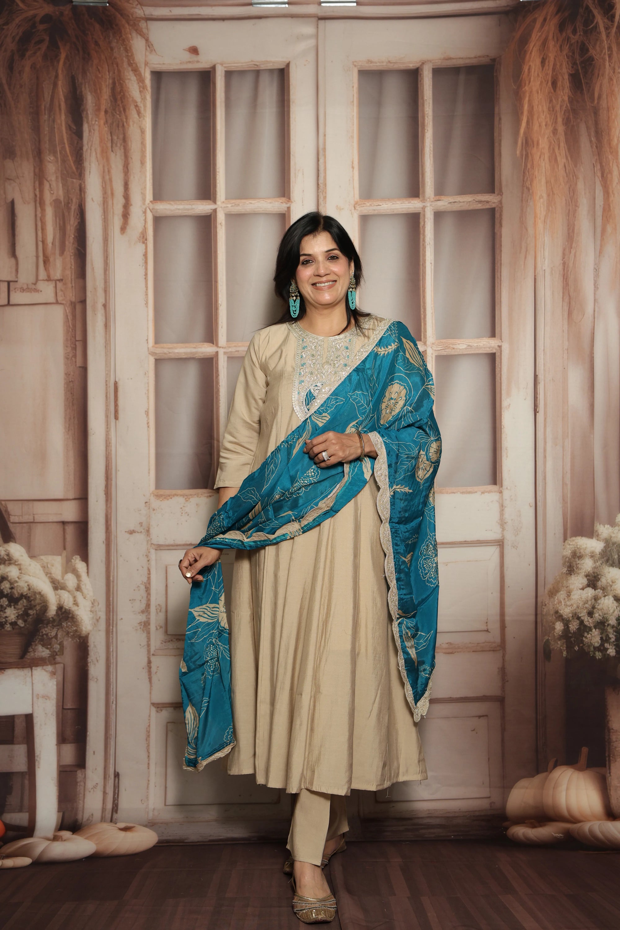 Bone A-Line Kurta with Printed Dupatta Set | Muslin Silk | Sequins, Thread & Zari Work