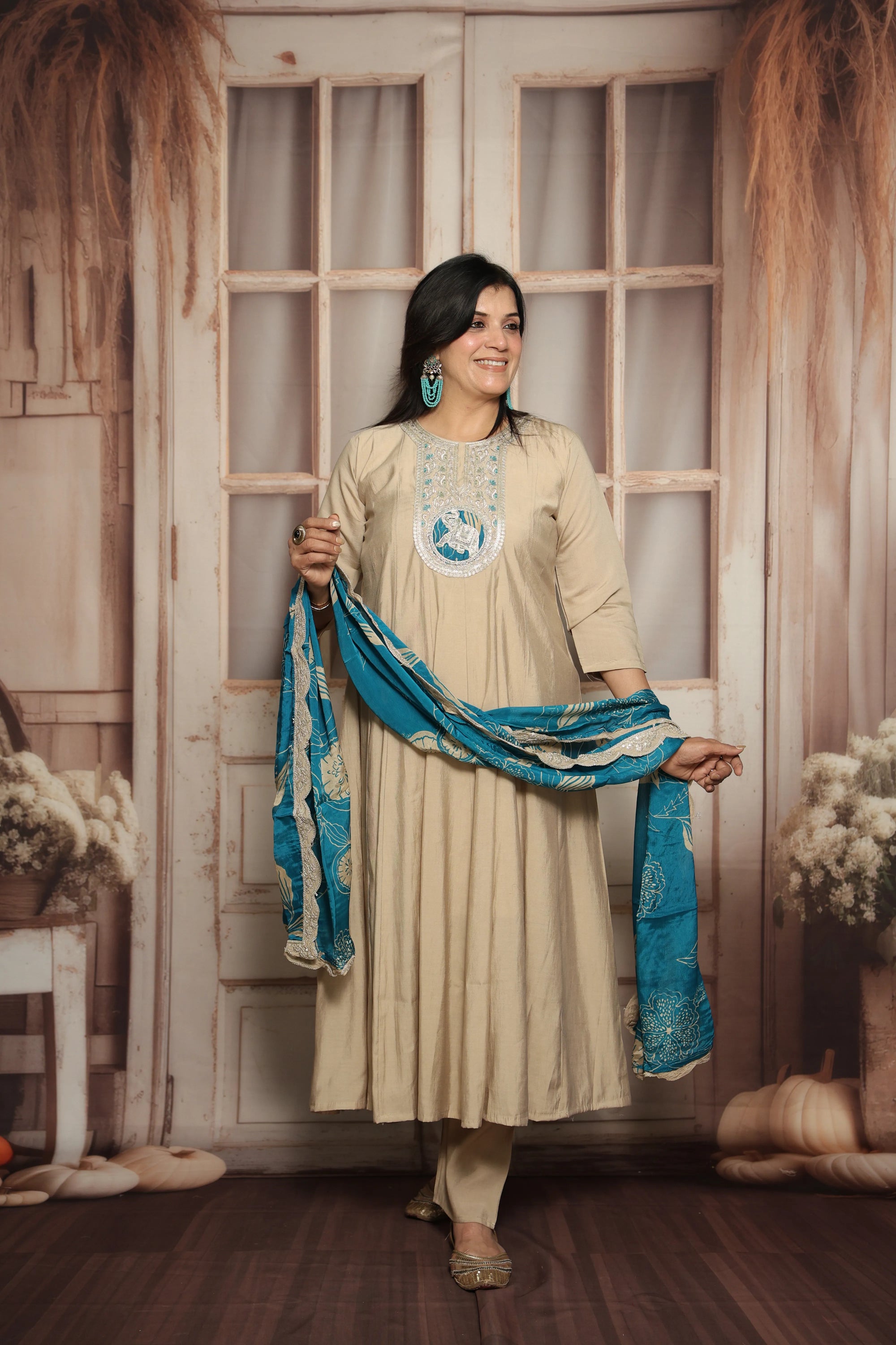 Bone A-Line Kurta with Printed Dupatta Set | Muslin Silk | Sequins, Thread & Zari Work