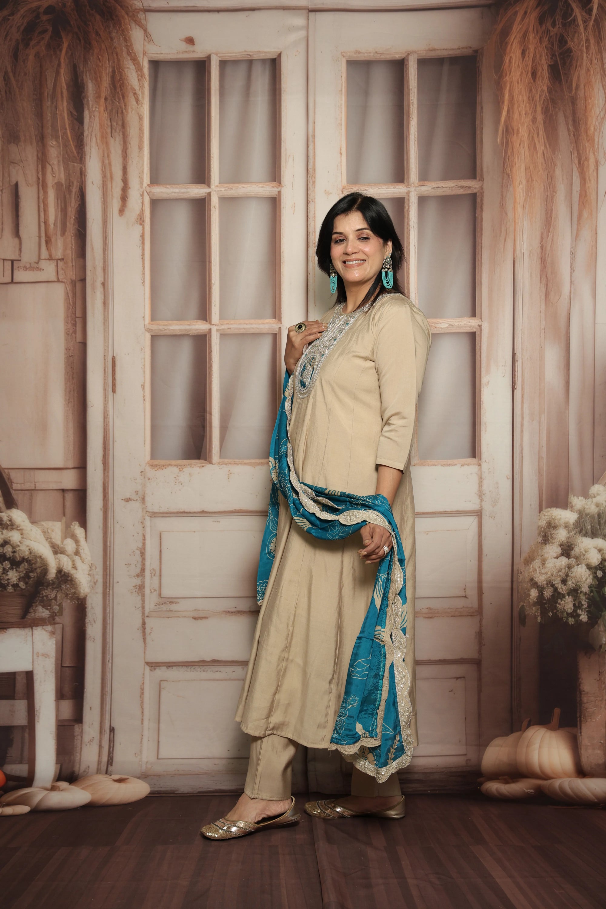 Bone A-Line Kurta with Printed Dupatta Set | Muslin Silk | Sequins, Thread & Zari Work