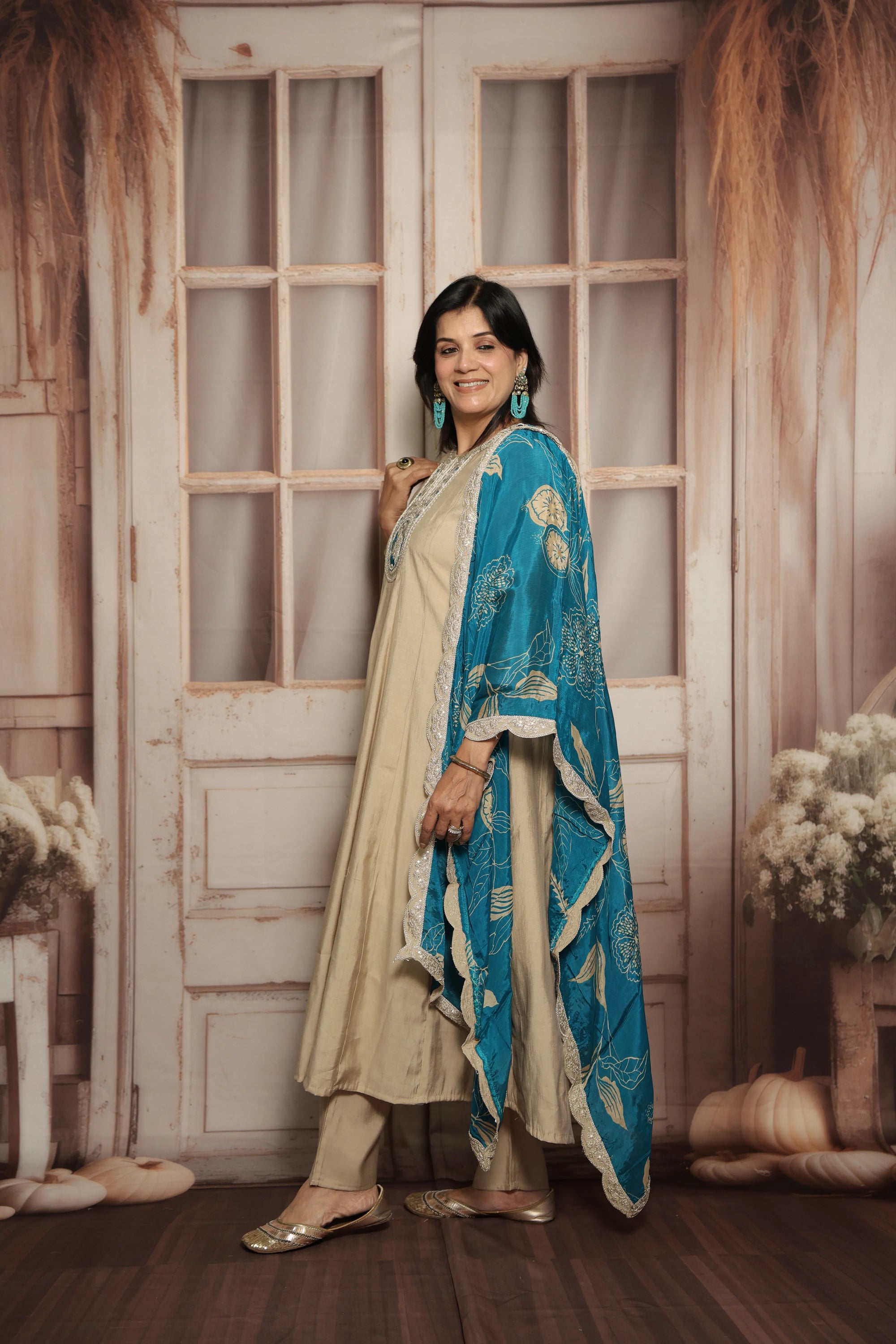Bone A-Line Kurta with Printed Dupatta Set | Muslin Silk | Sequins, Thread & Zari Work