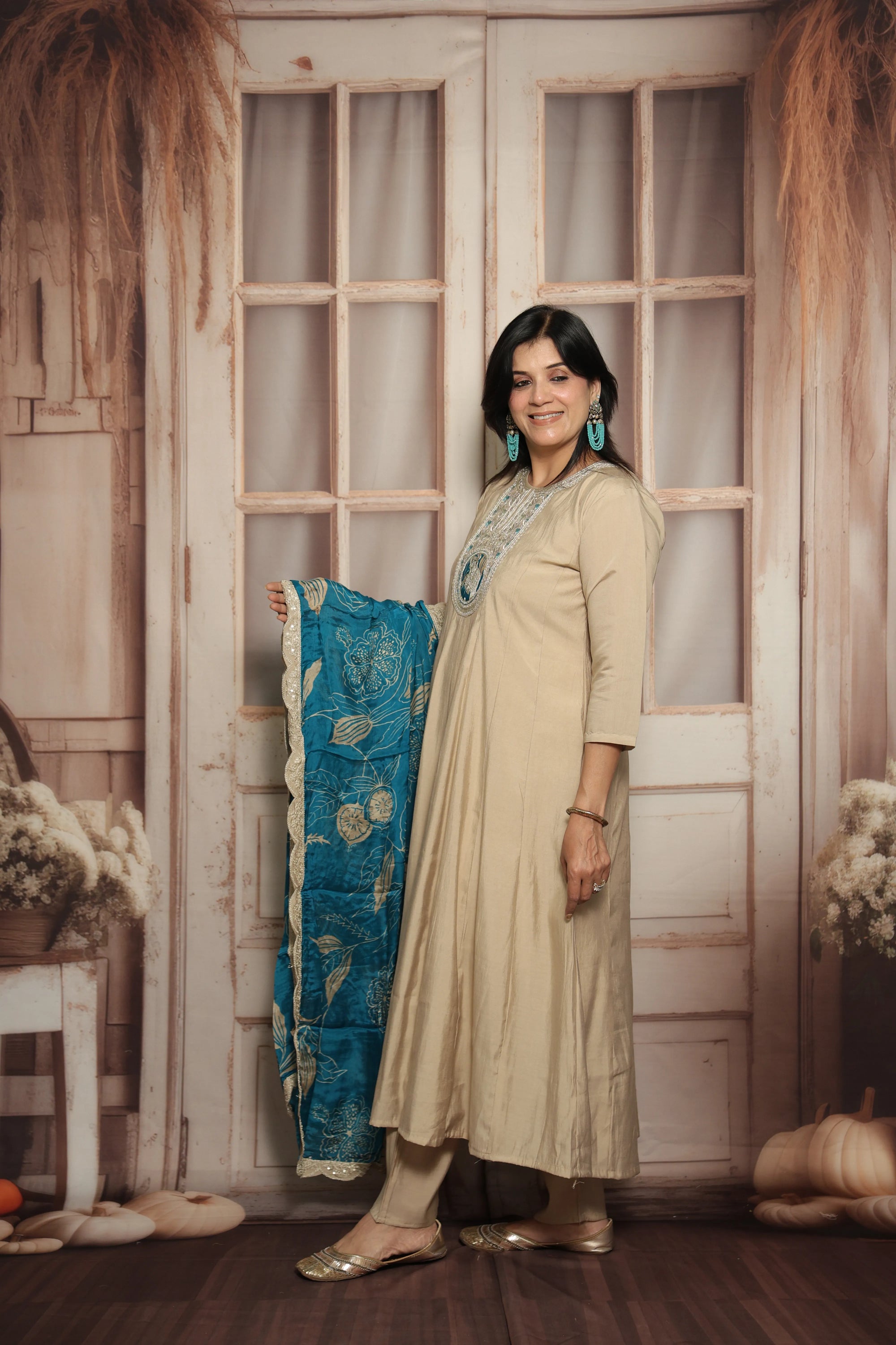 Bone A-Line Kurta with Printed Dupatta Set | Muslin Silk | Sequins, Thread & Zari Work