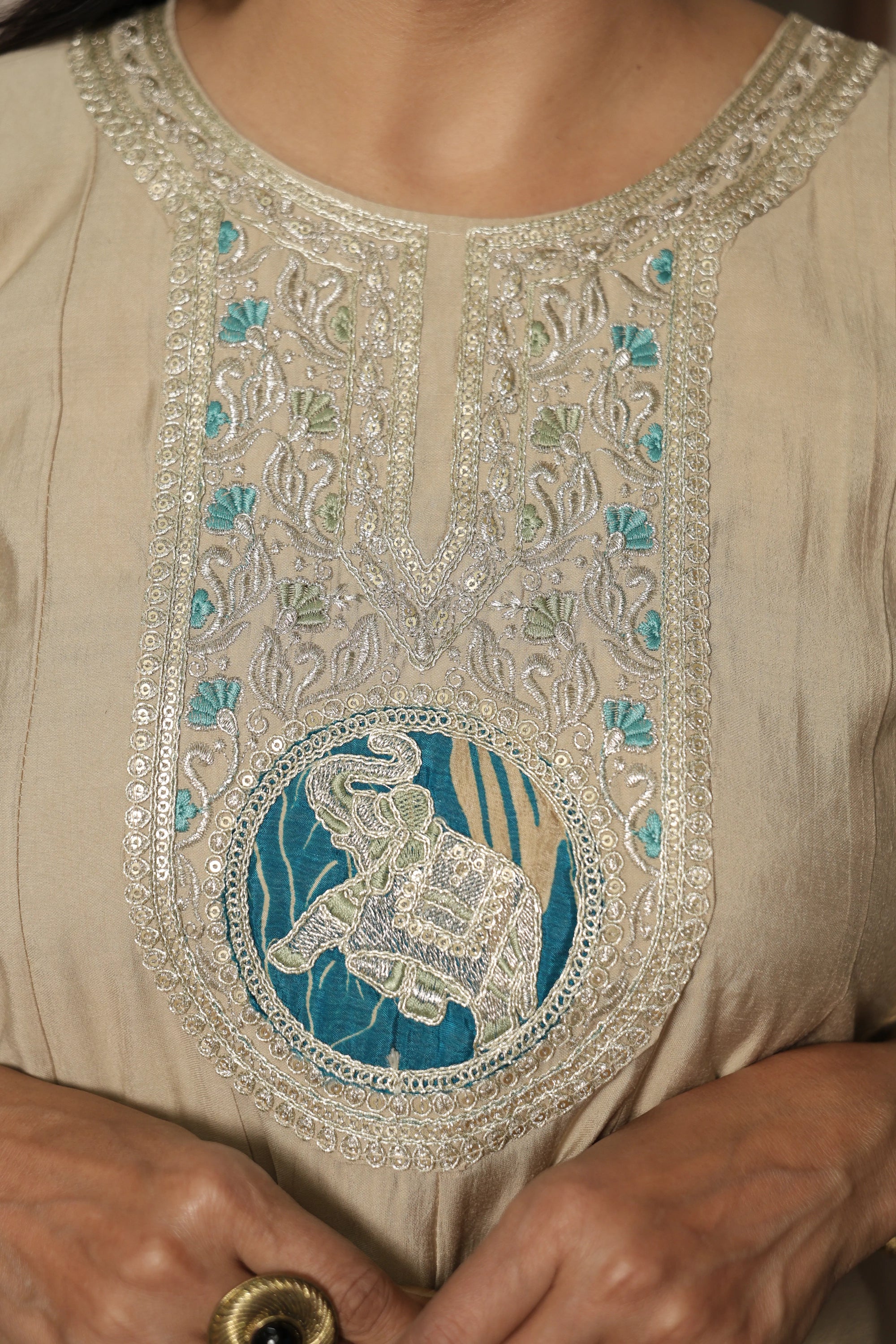 Bone A-Line Kurta with Printed Dupatta Set | Muslin Silk | Sequins, Thread & Zari Work