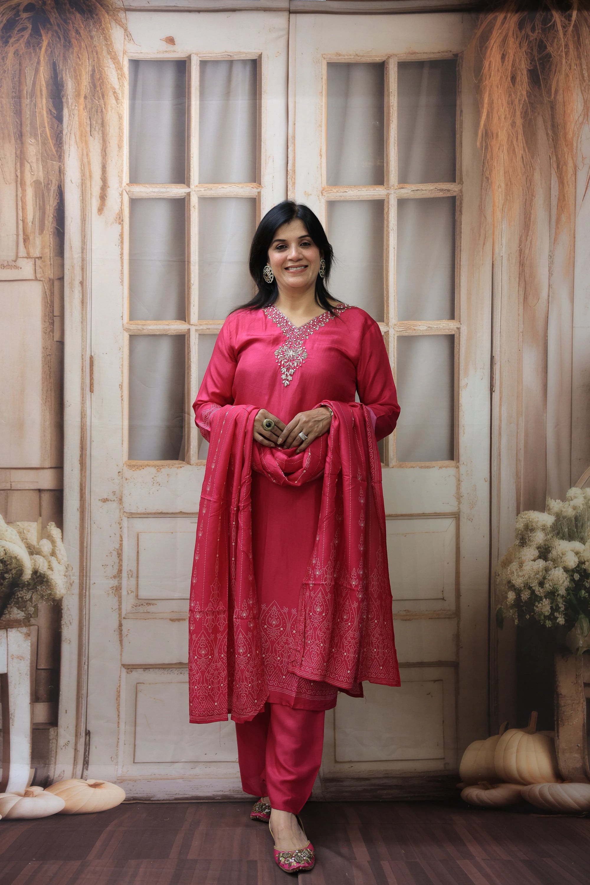 Rani Bandhej Print Kurta Dupatta Set | Silk Fabric | Sequins & Pearl Embroidery