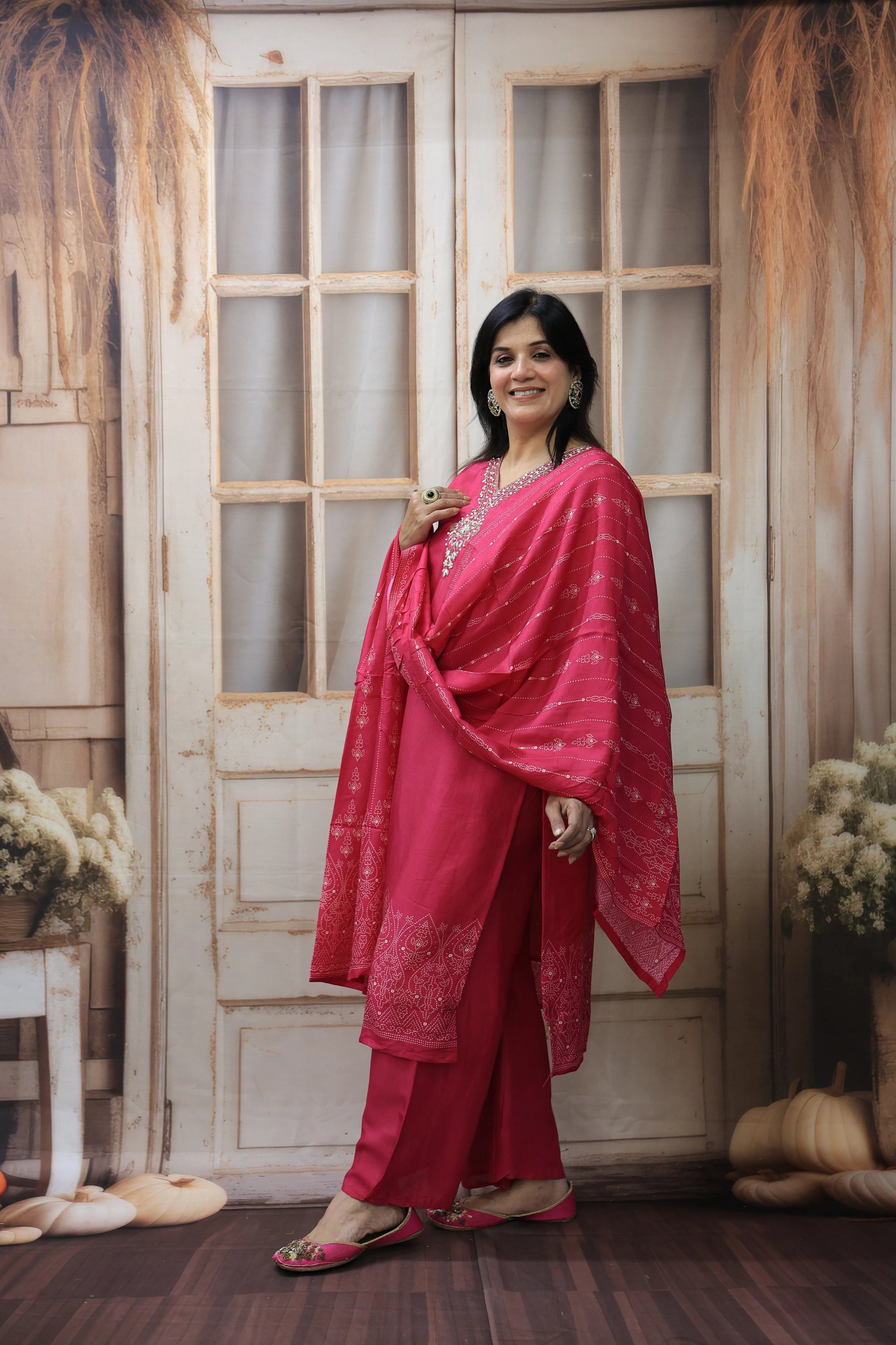 Rani Bandhej Print Kurta Dupatta Set | Silk Fabric | Sequins & Pearl Embroidery