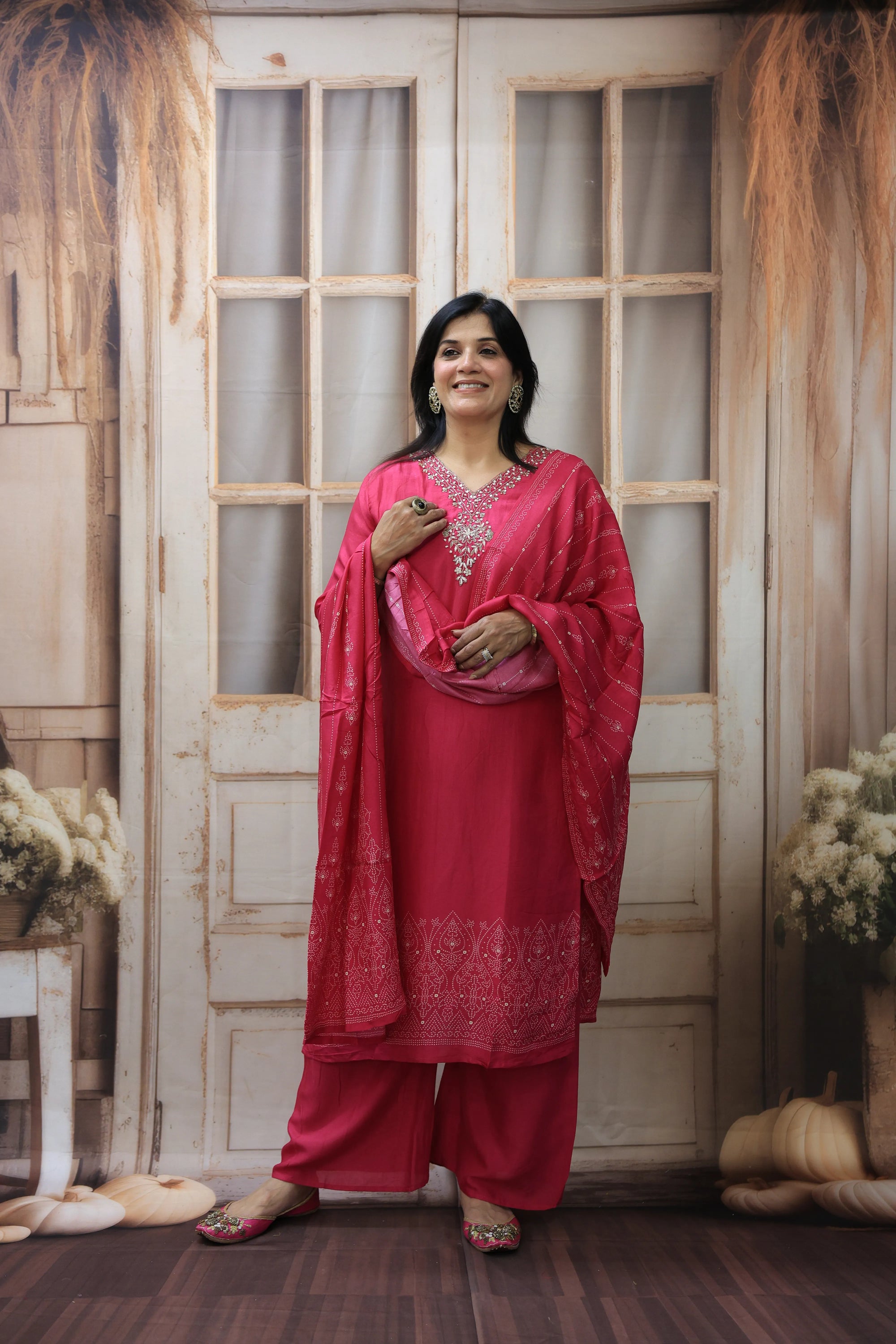 Rani Bandhej Print Kurta Dupatta Set | Silk Fabric | Sequins & Pearl Embroidery