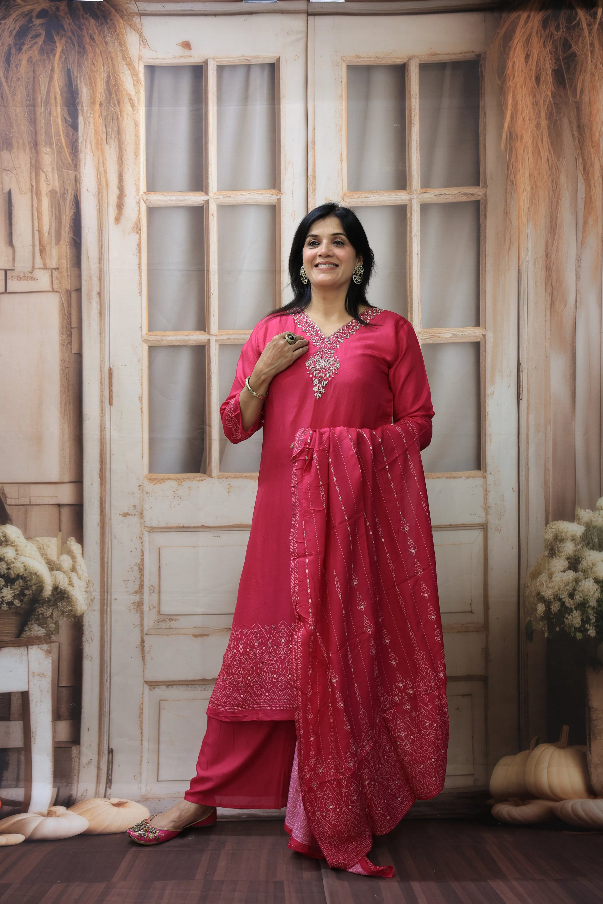 Rani Bandhej Print Kurta Dupatta Set | Silk Fabric | Sequins & Pearl Embroidery