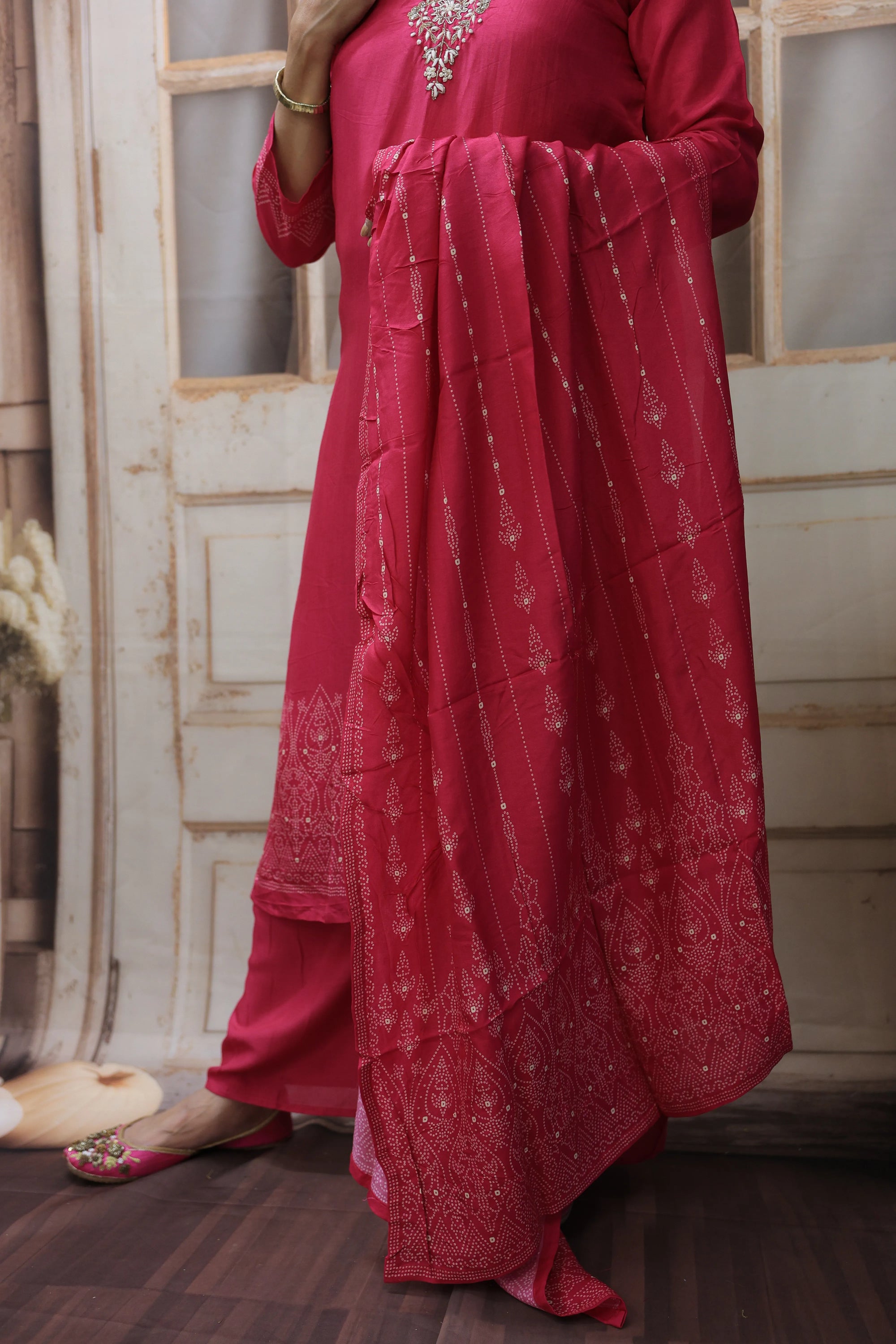 Rani Bandhej Print Kurta Dupatta Set | Silk Fabric | Sequins & Pearl Embroidery