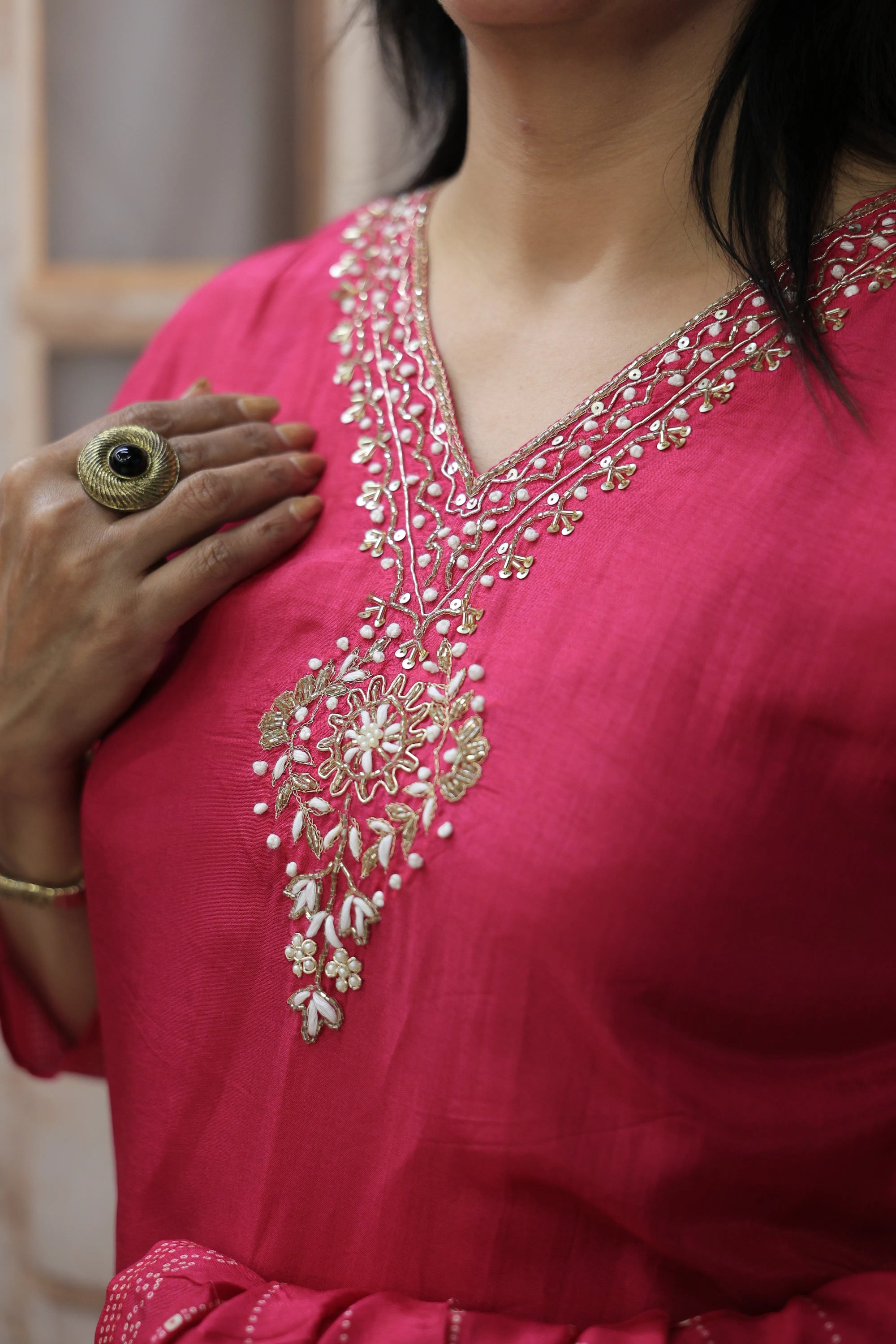 Rani Bandhej Print Kurta Dupatta Set | Silk Fabric | Sequins & Pearl Embroidery
