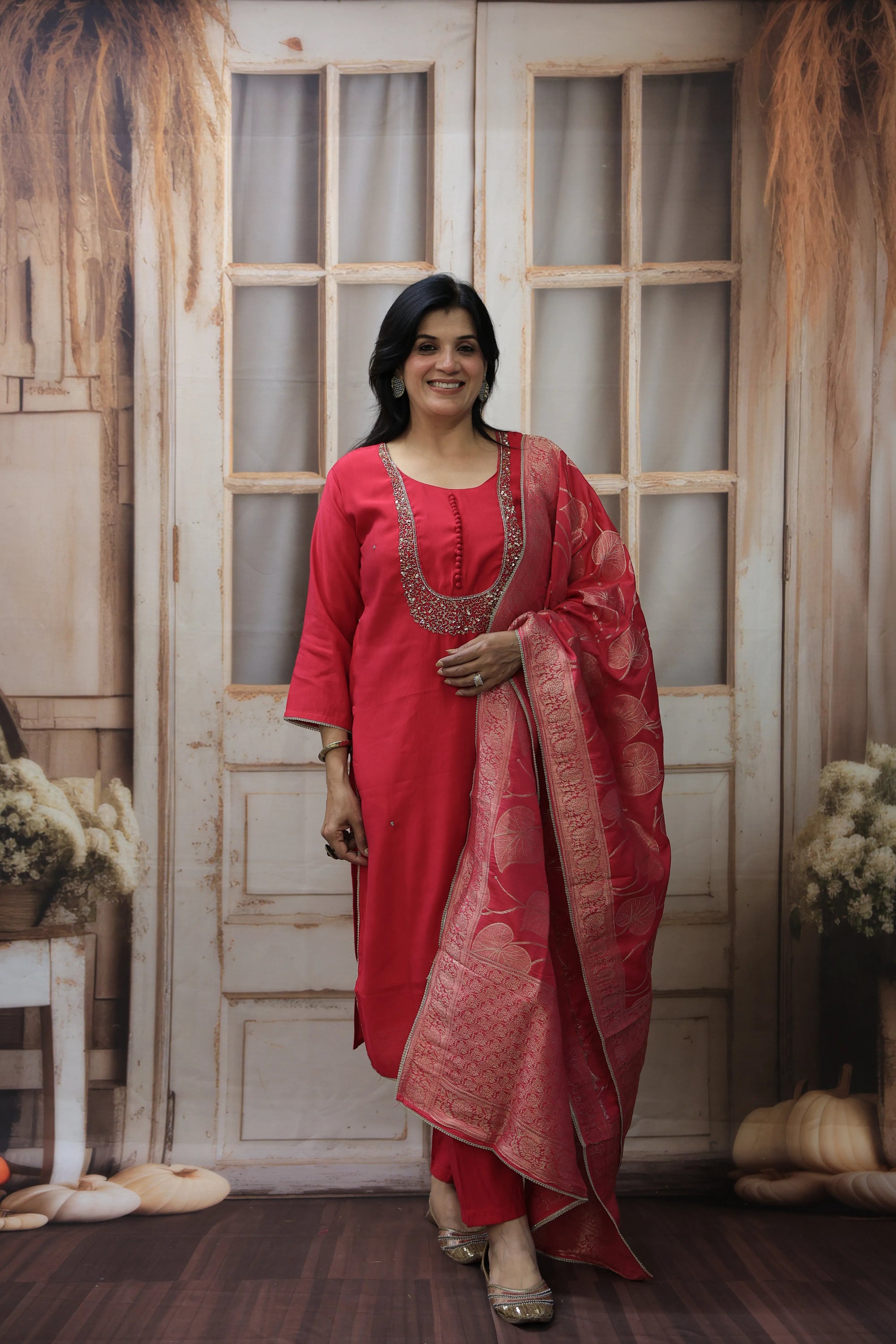 Pinkish-Red Banarasi Kurta Dupatta Set | Silk Fabric | Sequins & Pearl Embroidery