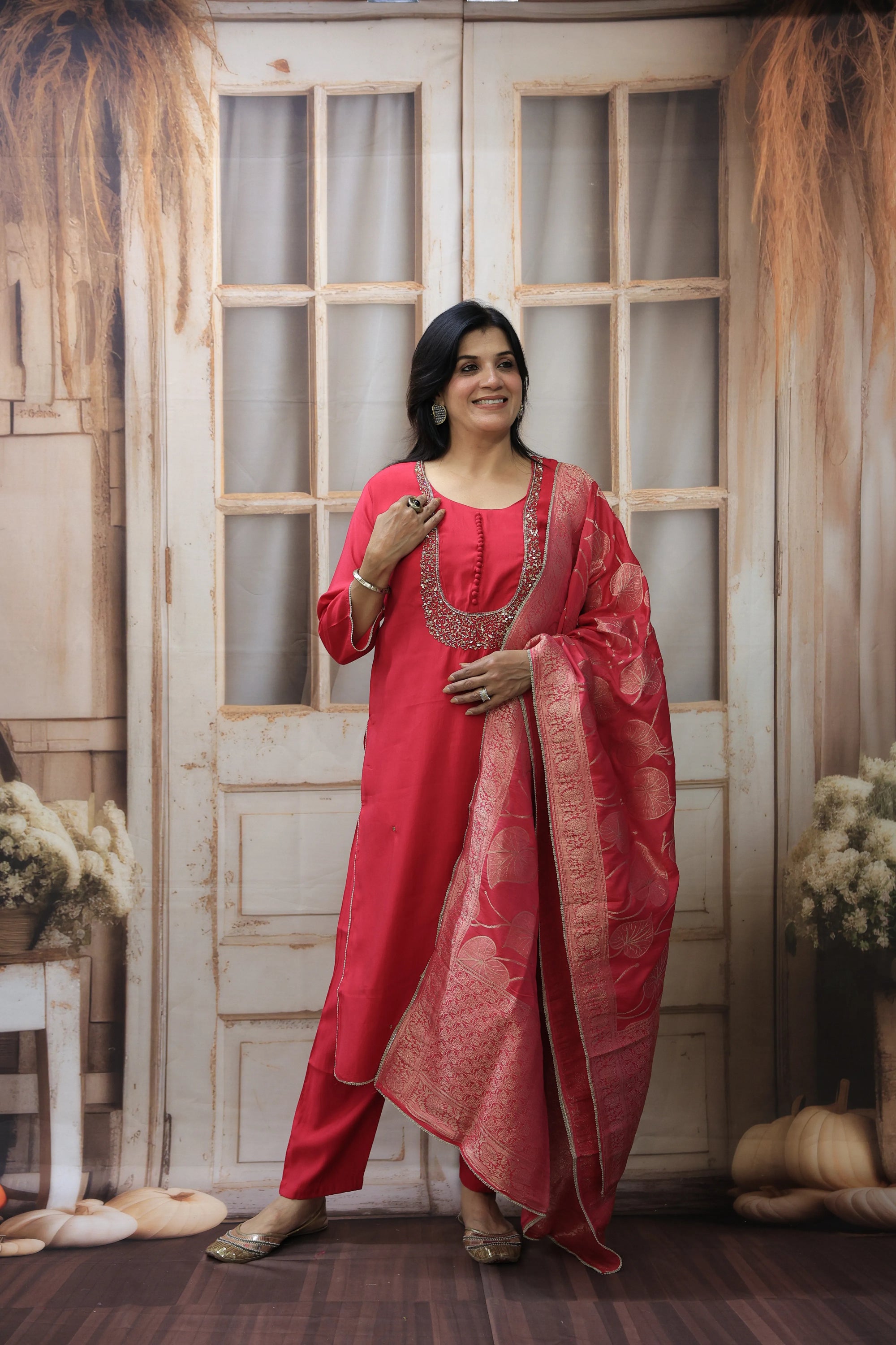 Pinkish-Red Banarasi Kurta Dupatta Set | Silk Fabric | Sequins & Pearl Embroidery