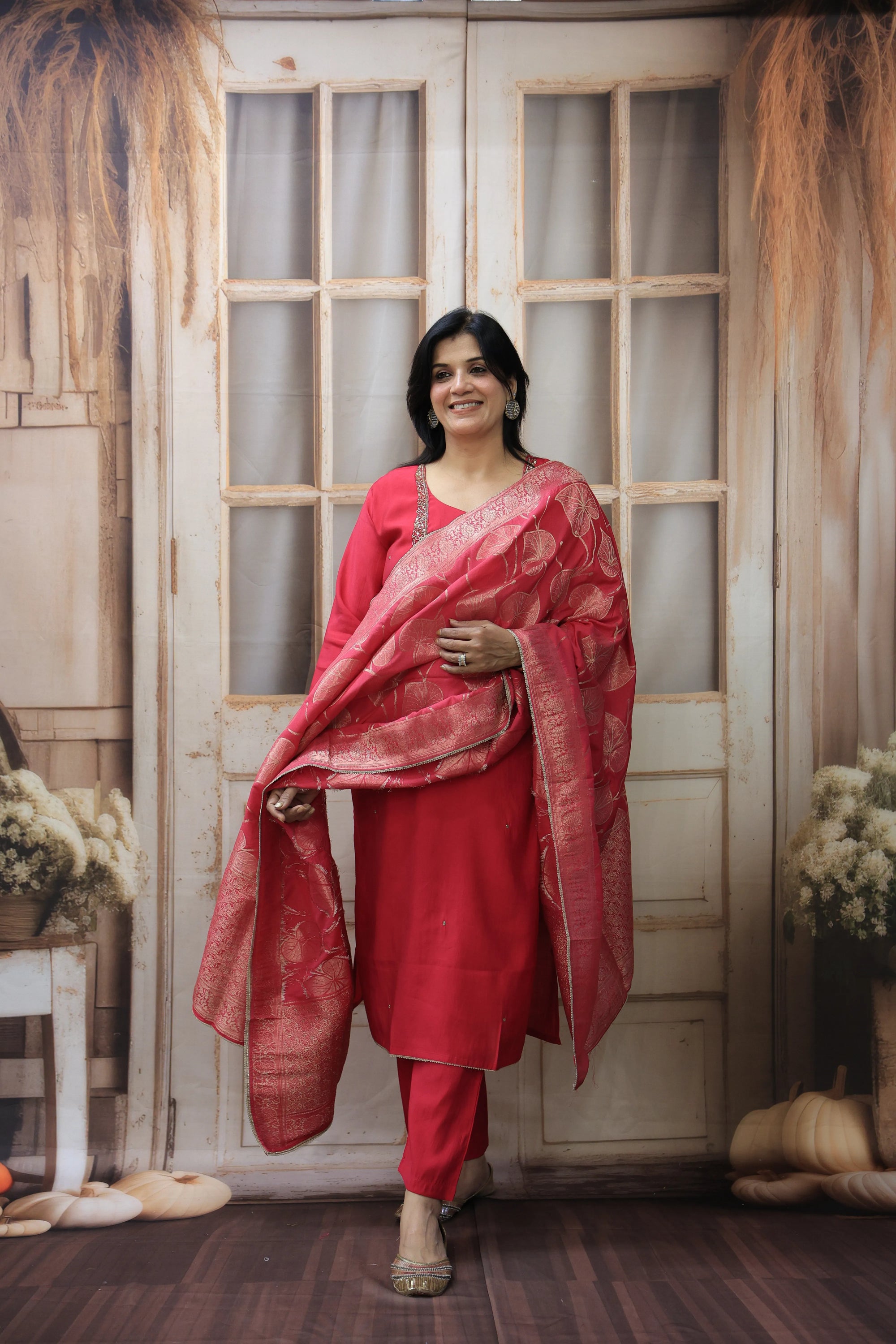 Pinkish-Red Banarasi Kurta Dupatta Set | Silk Fabric | Sequins & Pearl Embroidery