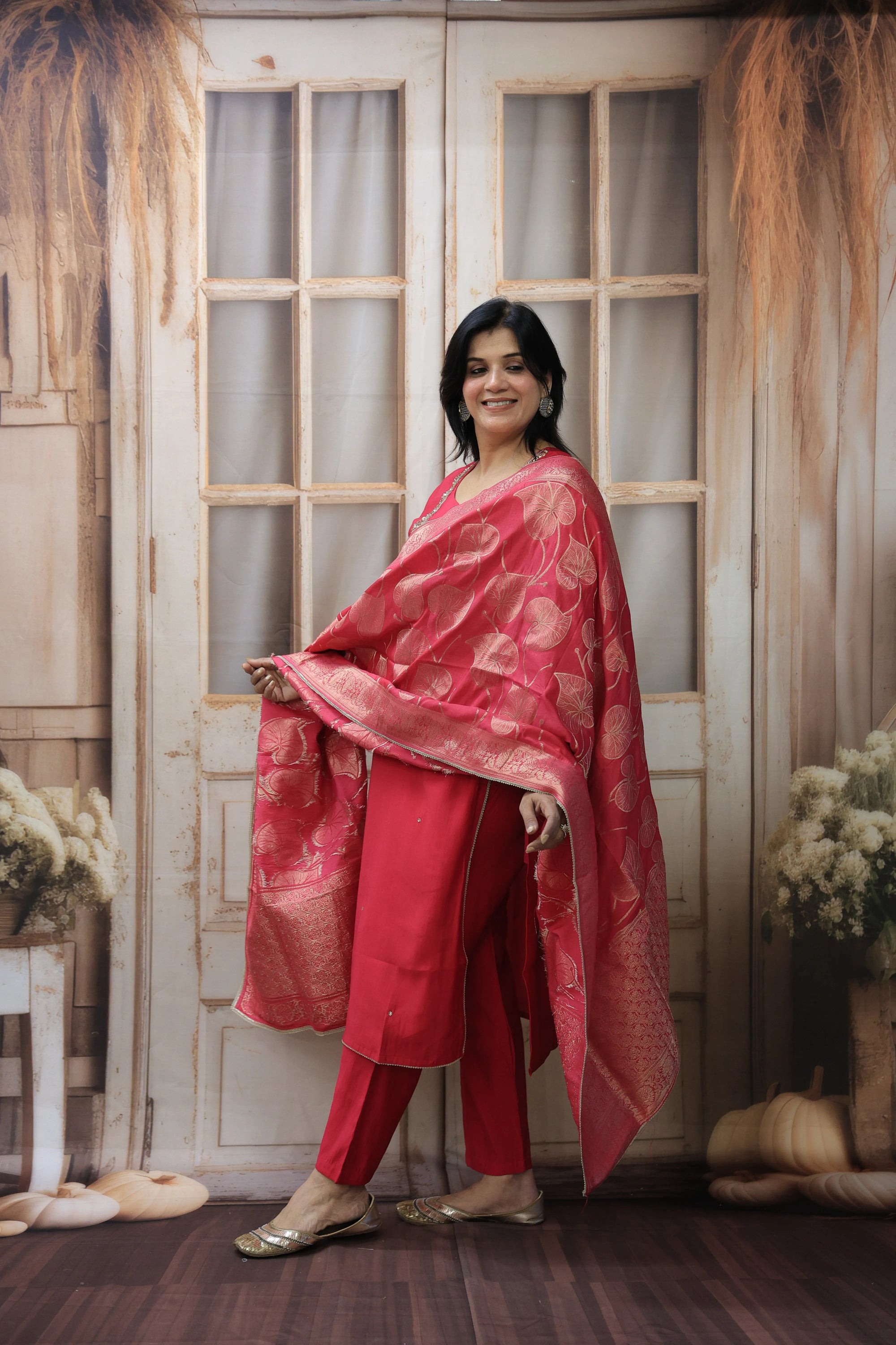 Pinkish-Red Banarasi Kurta Dupatta Set | Silk Fabric | Sequins & Pearl Embroidery