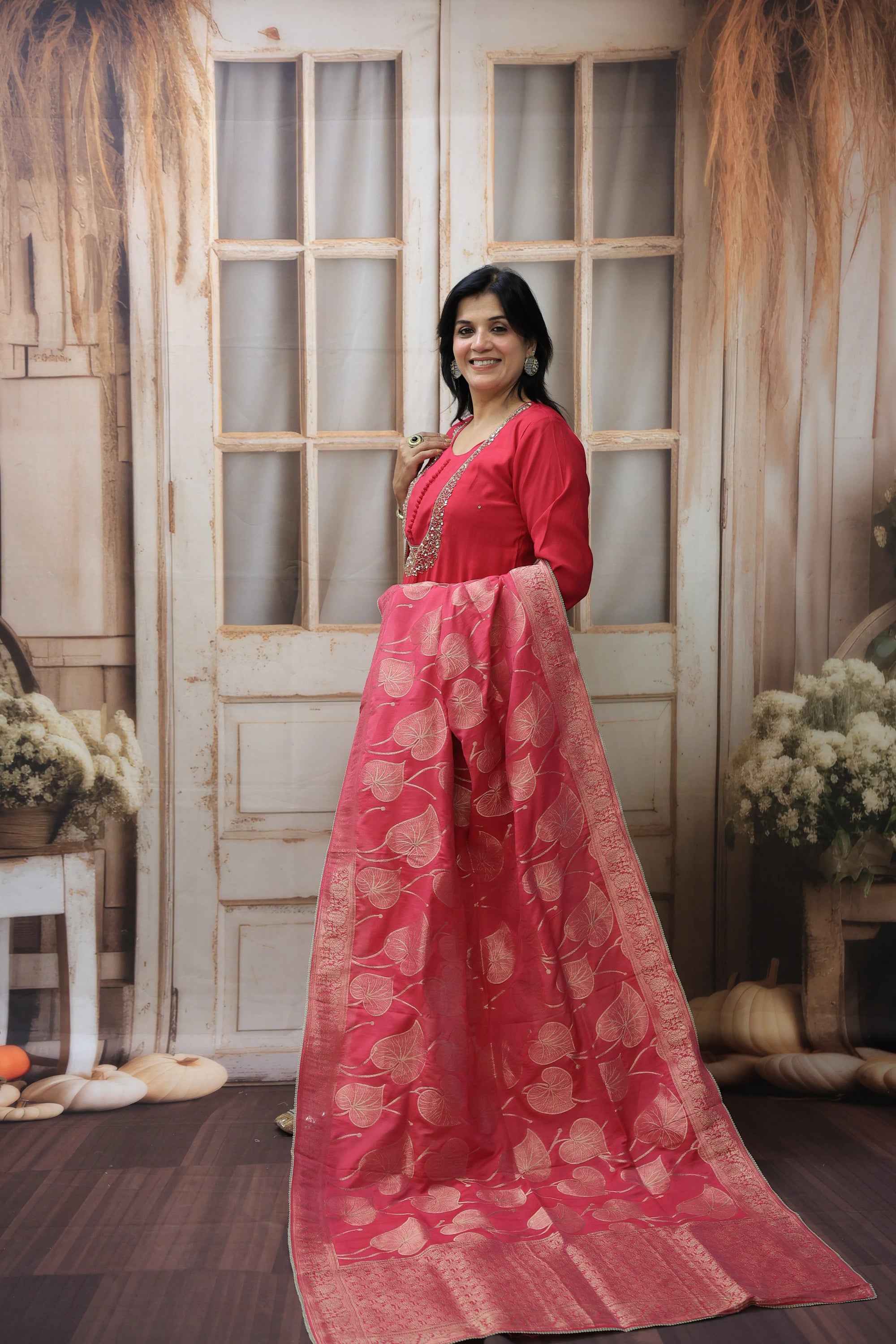 Pinkish-Red Banarasi Kurta Dupatta Set | Silk Fabric | Sequins & Pearl Embroidery