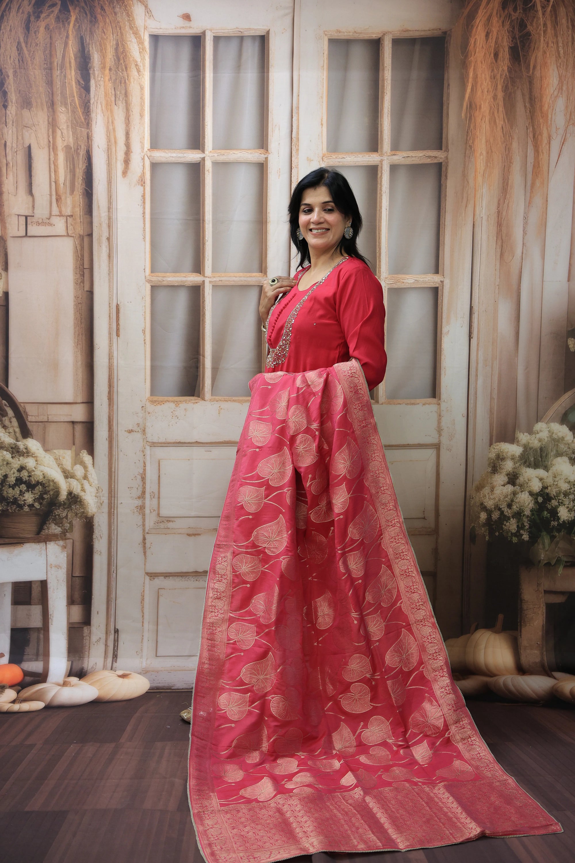 Pinkish-Red Banarasi Kurta Dupatta Set | Silk Fabric | Sequins & Pearl Embroidery