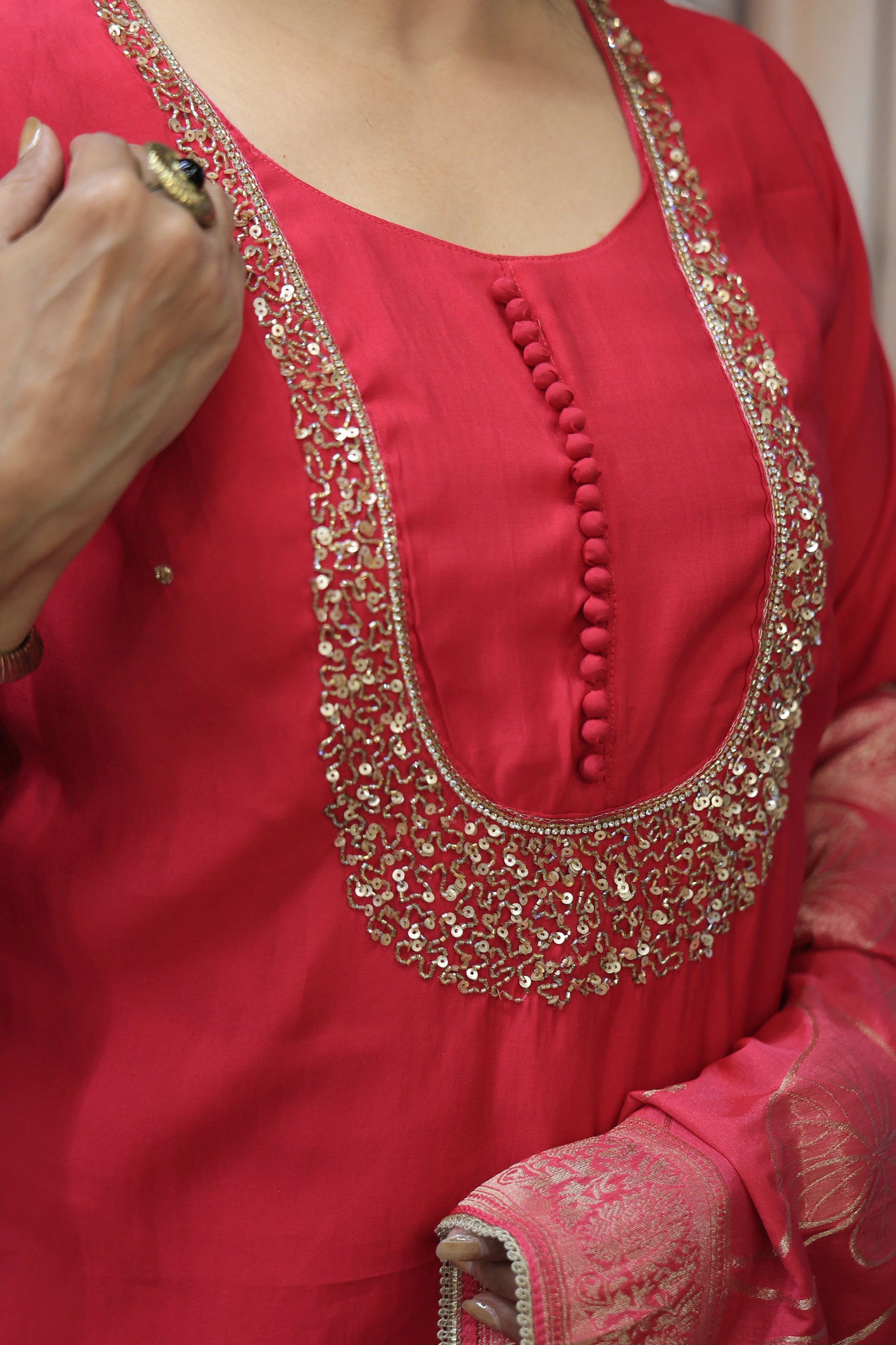 Pinkish-Red Banarasi Kurta Dupatta Set | Silk Fabric | Sequins & Pearl Embroidery
