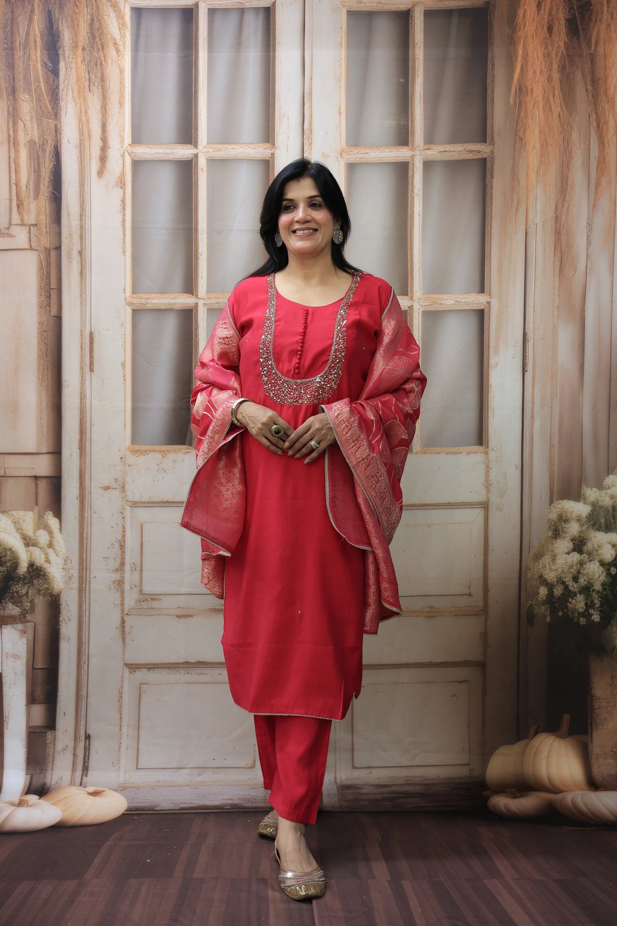 Pinkish-Red Banarasi Kurta Dupatta Set | Silk Fabric | Sequins & Pearl Embroidery