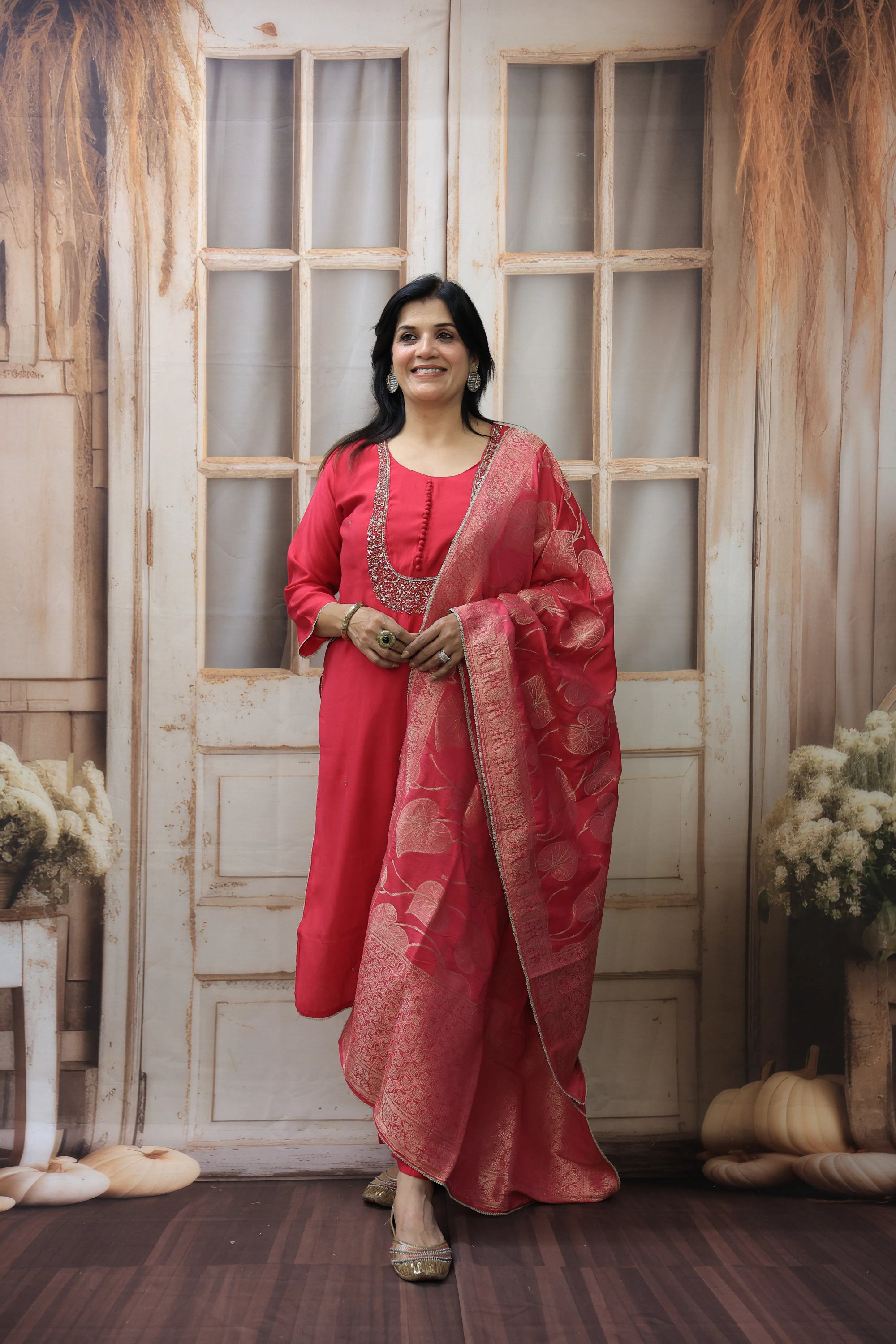 Pinkish-Red Banarasi Kurta Dupatta Set | Silk Fabric | Sequins & Pearl Embroidery