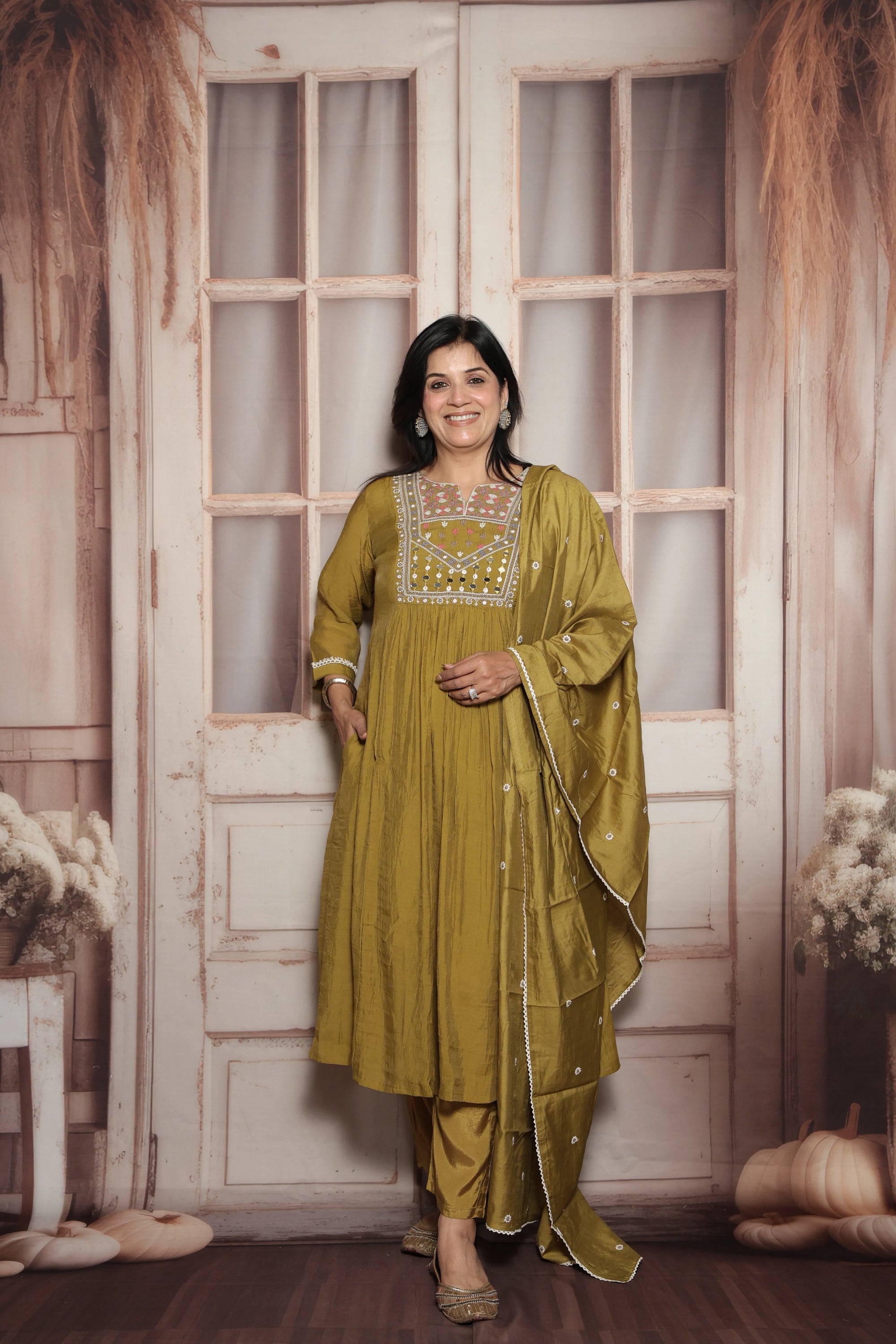 Warm Olive A-Line Kurta Dupatta Set | Mul Chanderi | Mirror & Thread Embroidery