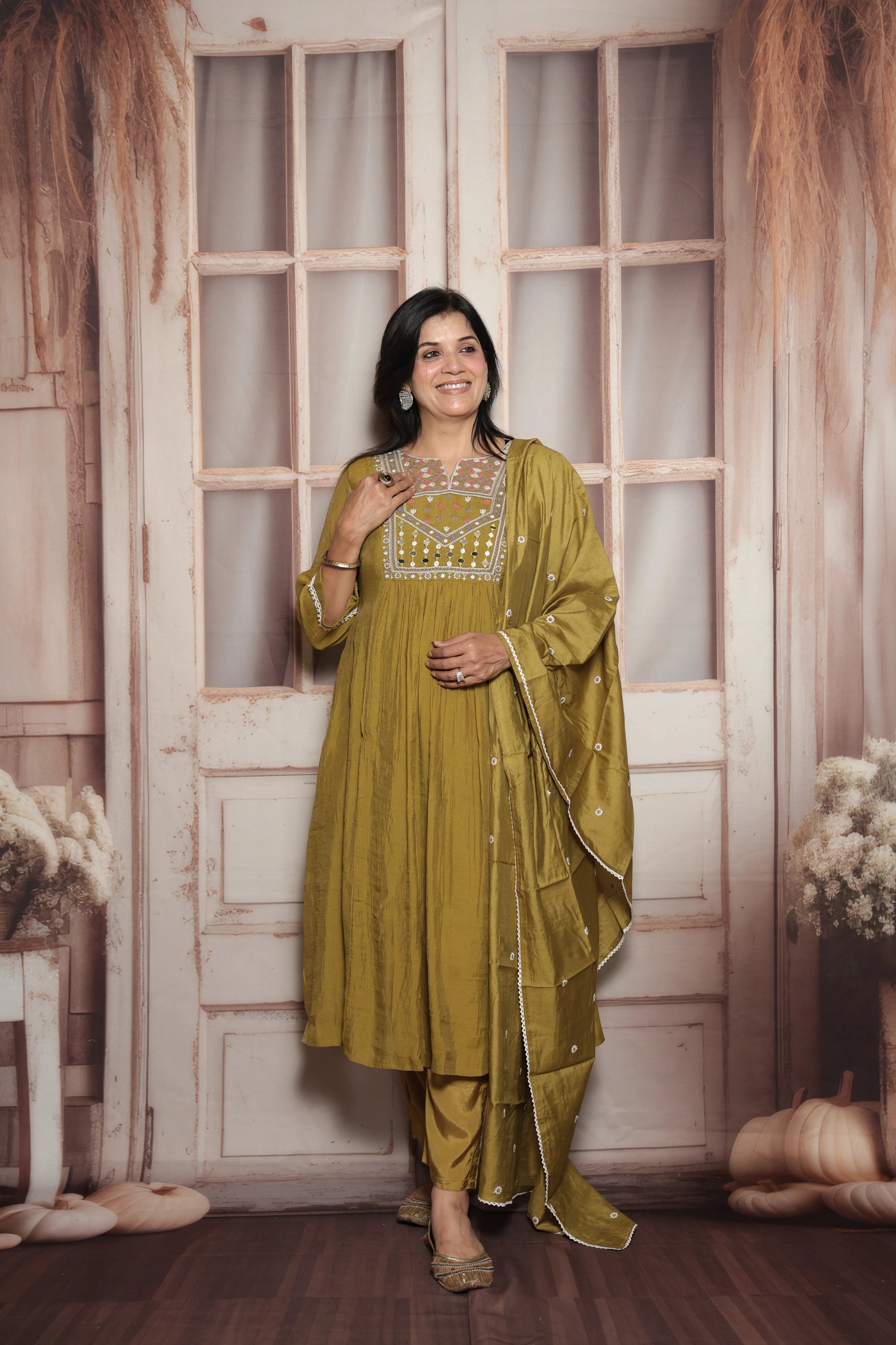 Warm Olive A-Line Kurta Dupatta Set | Mul Chanderi | Mirror & Thread Embroidery