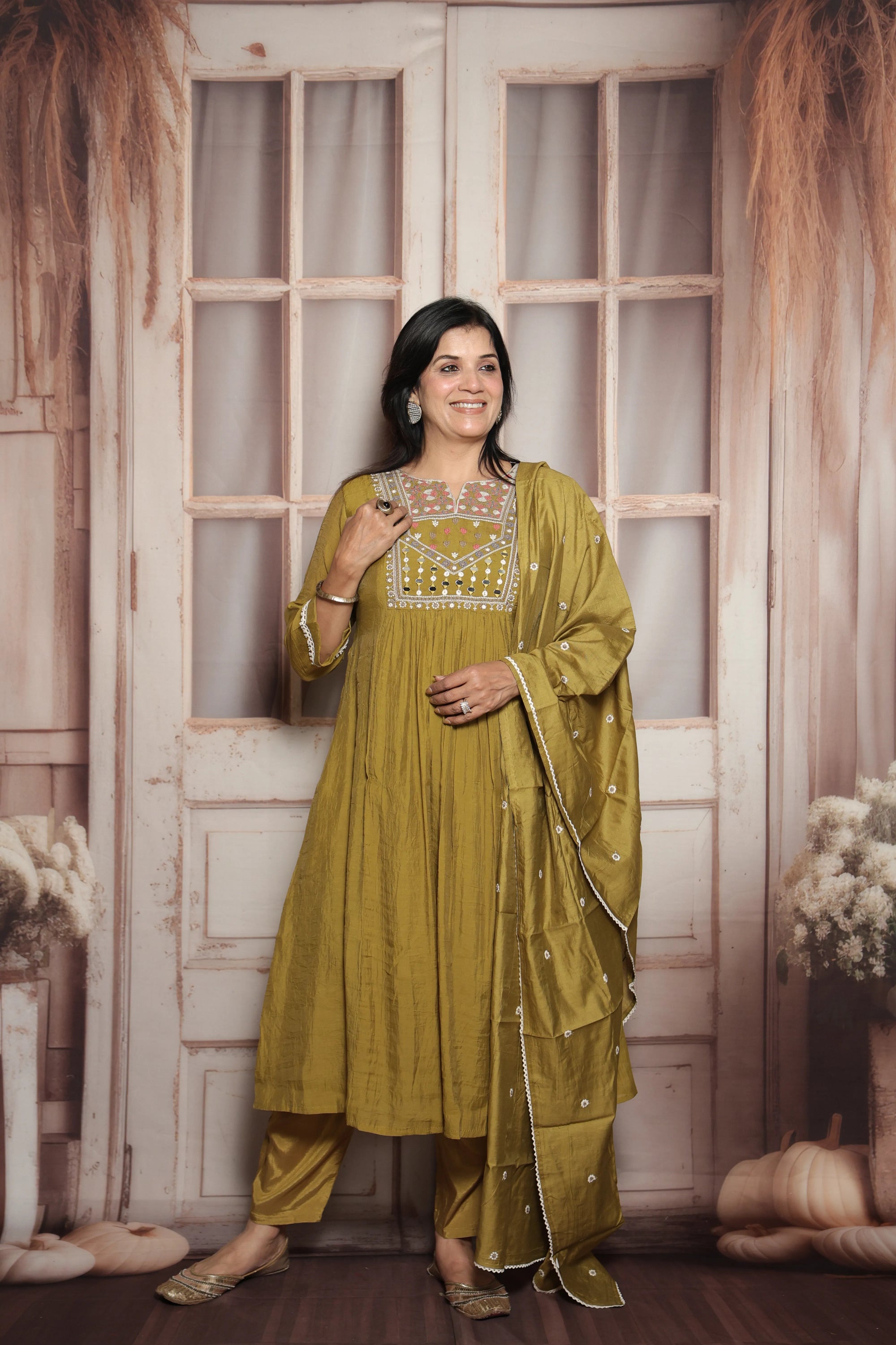 Warm Olive A-Line Kurta Dupatta Set | Mul Chanderi | Mirror & Thread Embroidery
