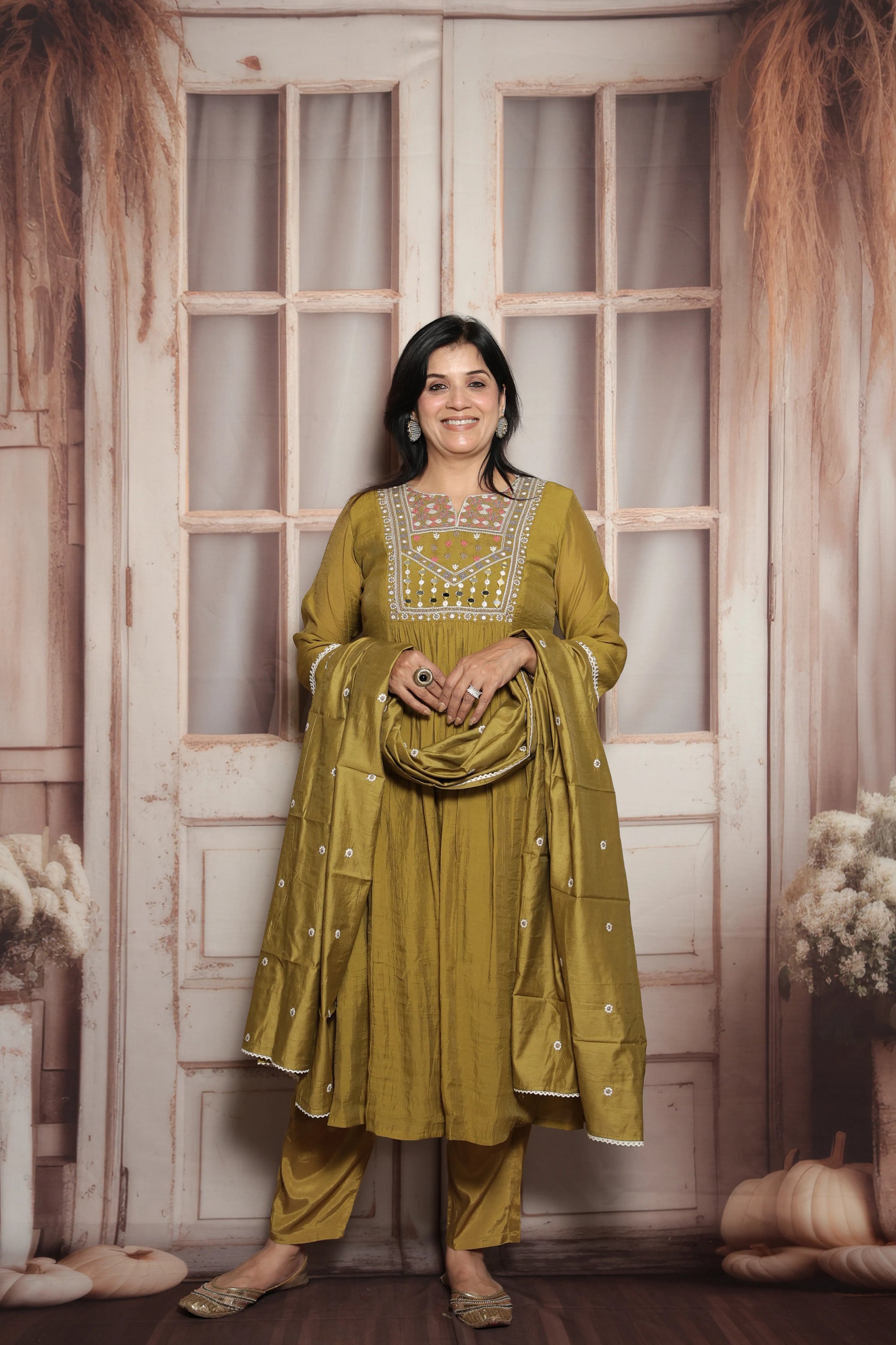 Warm Olive A-Line Kurta Dupatta Set | Mul Chanderi | Mirror & Thread Embroidery