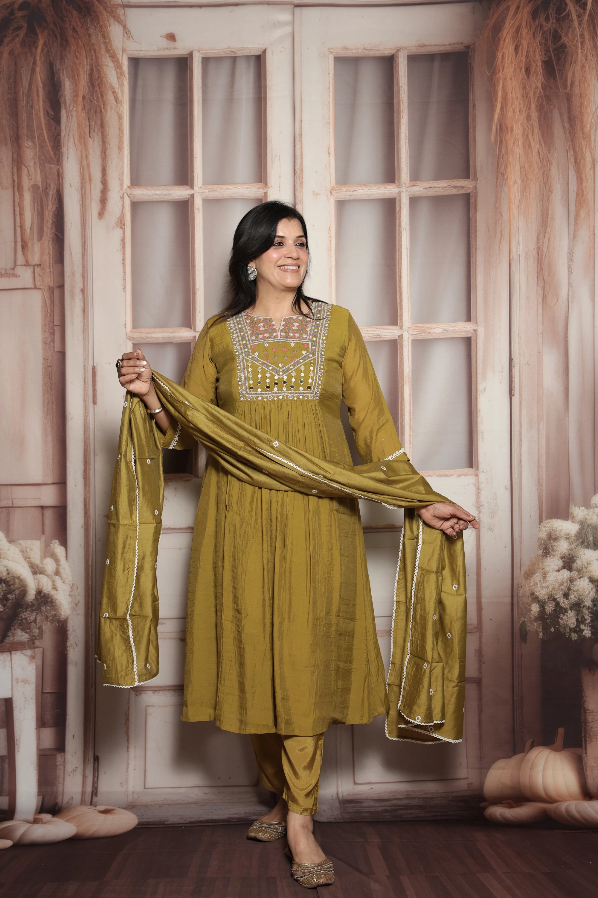 Warm Olive A-Line Kurta Dupatta Set | Mul Chanderi | Mirror & Thread Embroidery