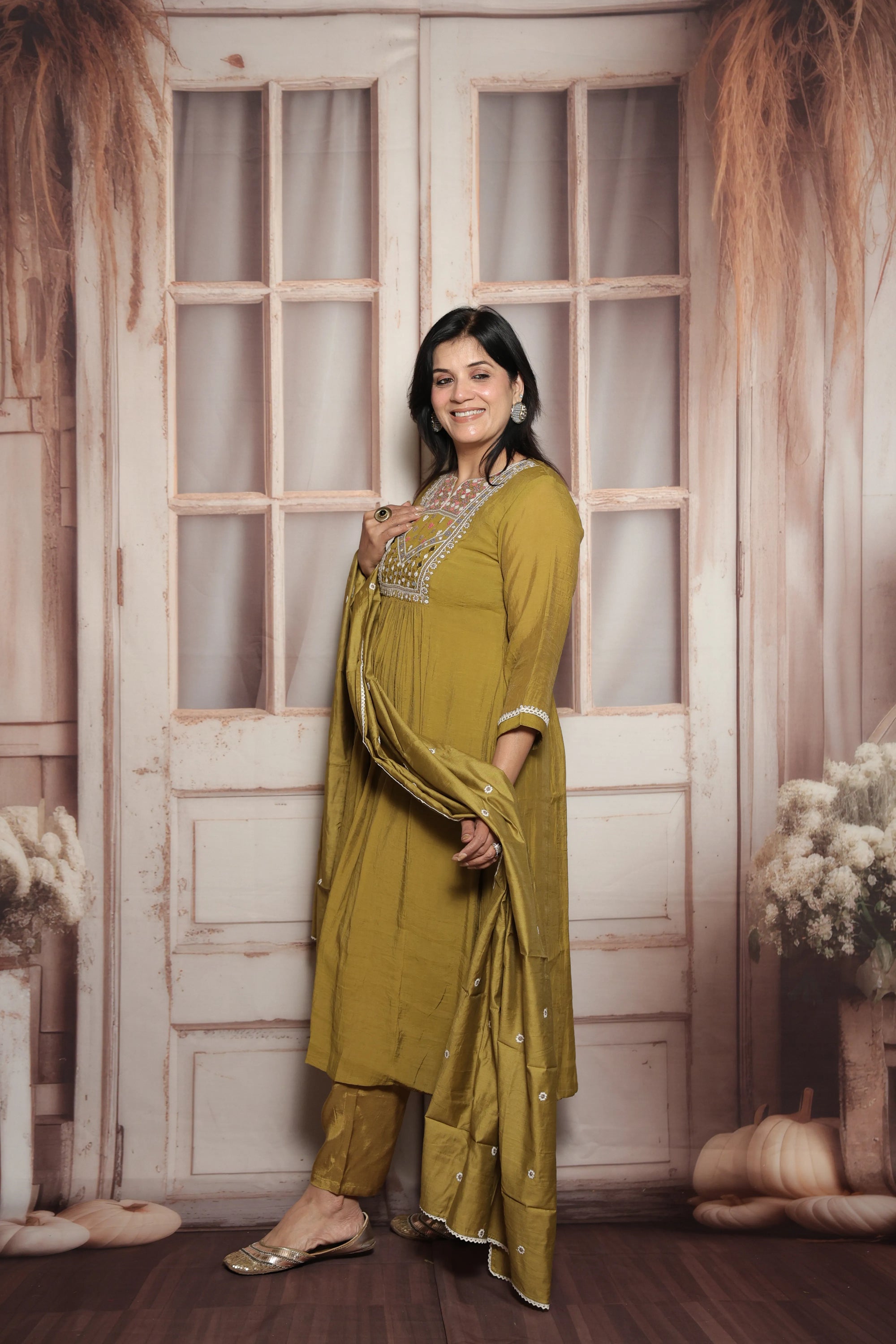 Warm Olive A-Line Kurta Dupatta Set | Mul Chanderi | Mirror & Thread Embroidery