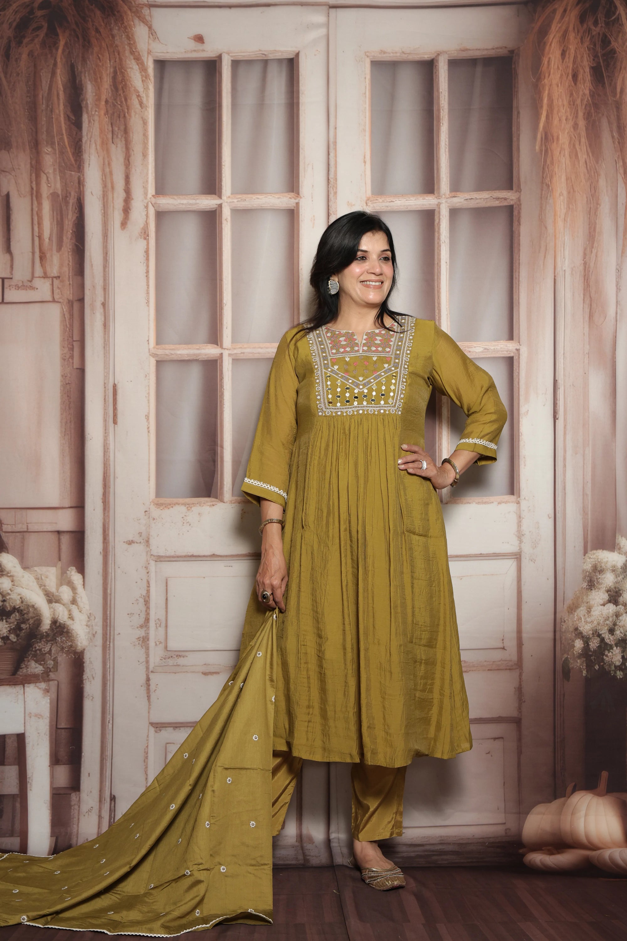 Warm Olive A-Line Kurta Dupatta Set | Mul Chanderi | Mirror & Thread Embroidery